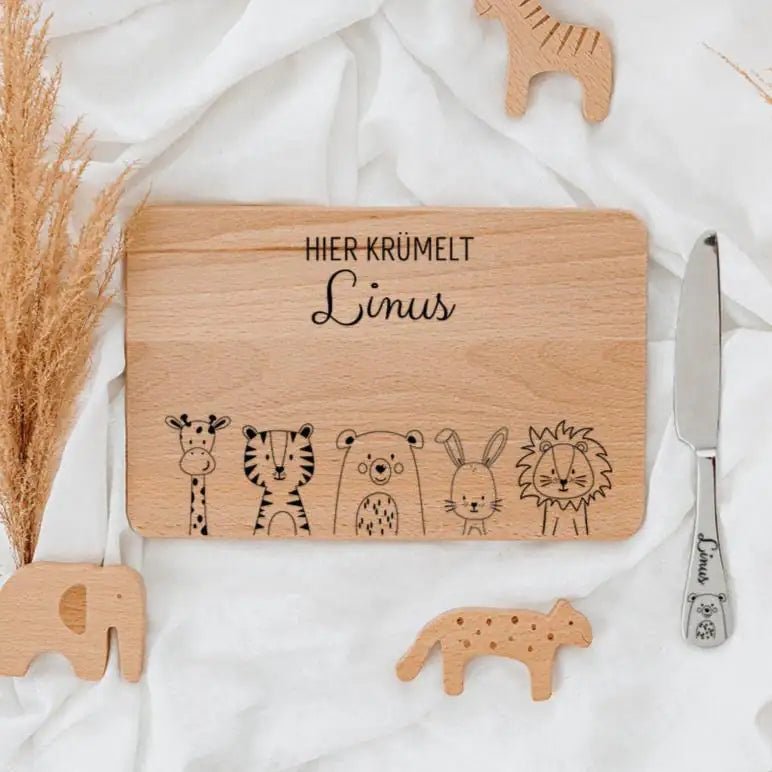 Frühstücksbrettchen mit Kindermesser personalisiert - Tiere unten Gravur - wunderwunsch