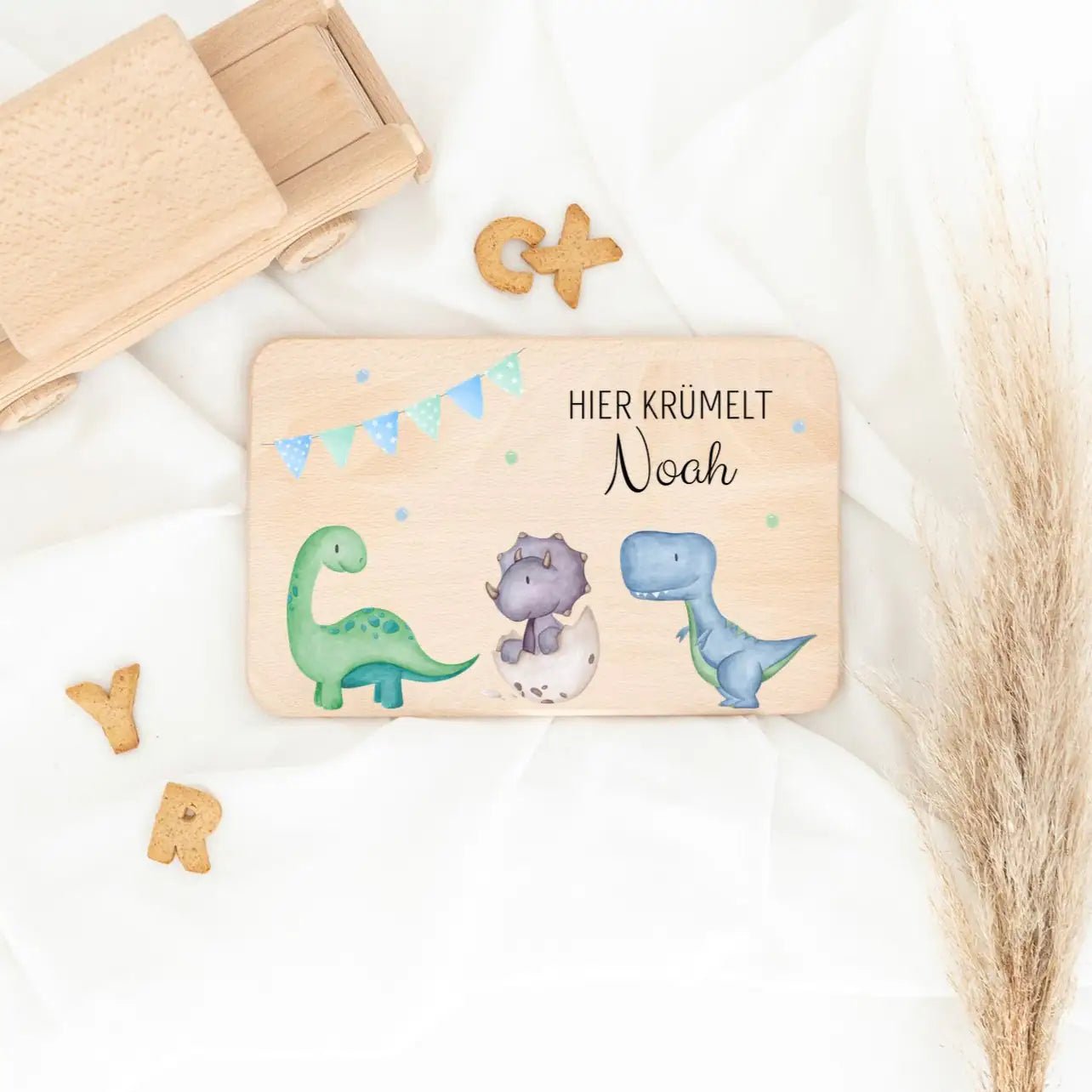 Frühstücksbrettchen personalisiert - Dinosaurier blaue Girlande Aquarell - wunderwunsch