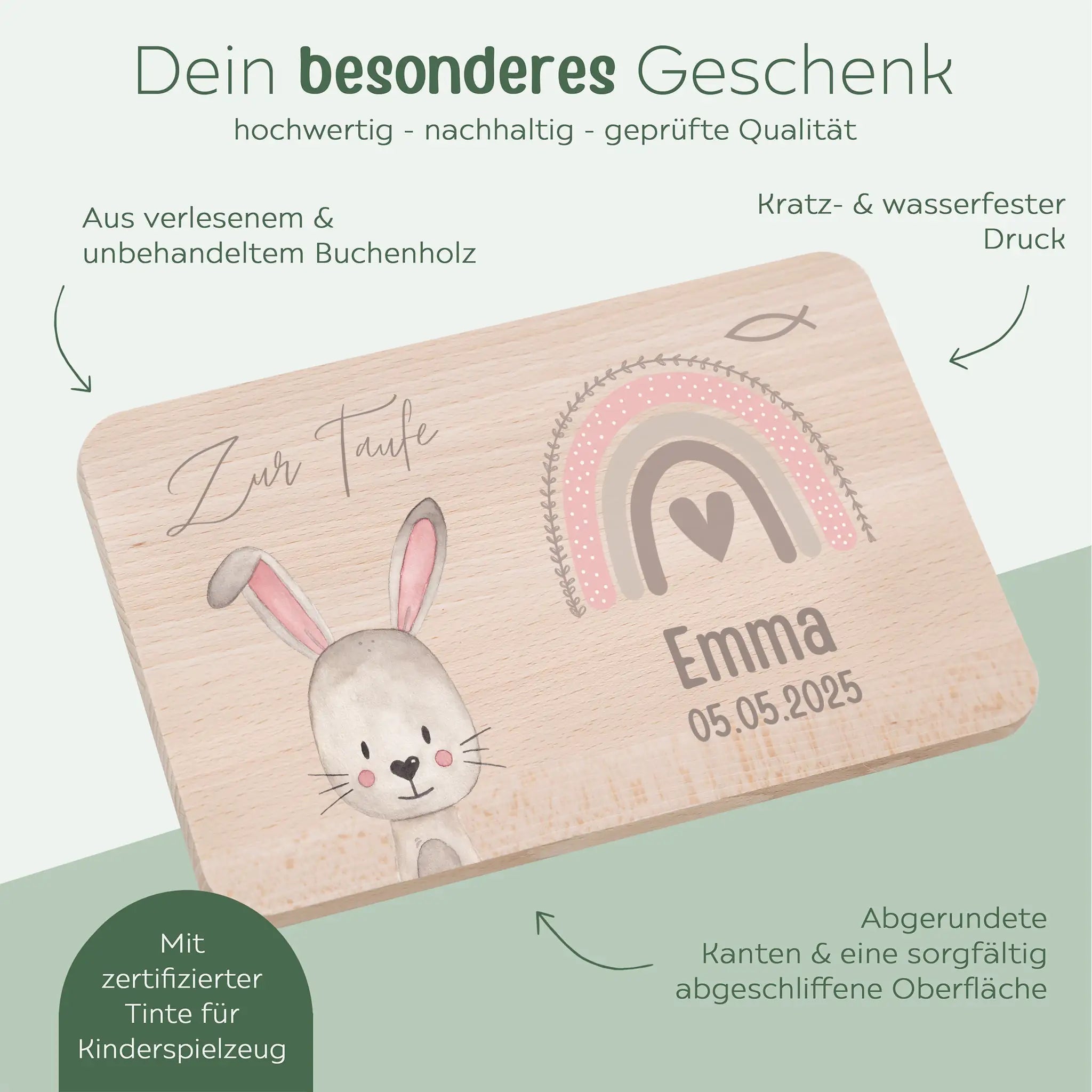 Frühstücksbrettchen personalisiert - Taufe Tier Aquarell - wunderwunsch