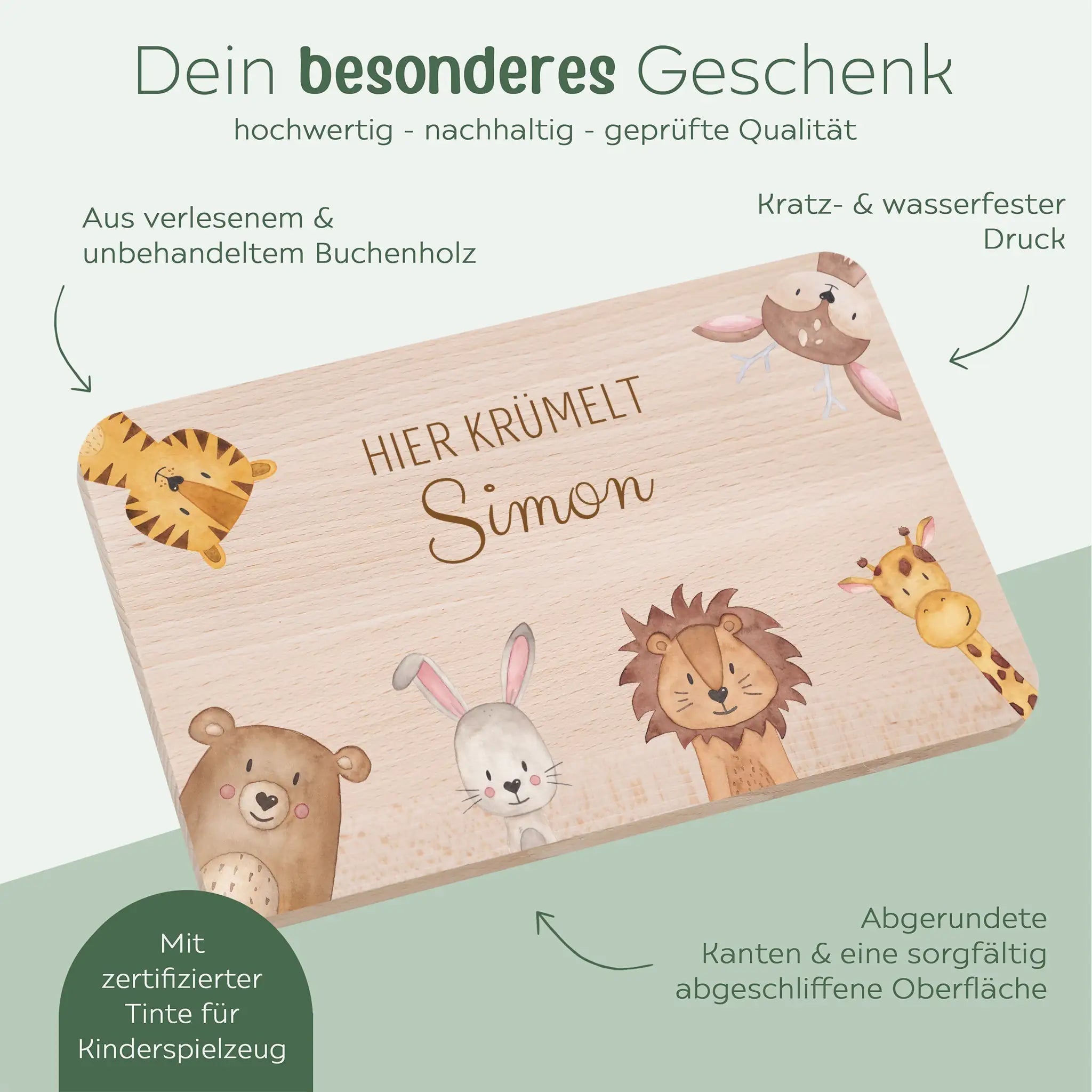 Frühstücksbrettchen personalisiert - Tiere Ecken Aquarell - wunderwunsch