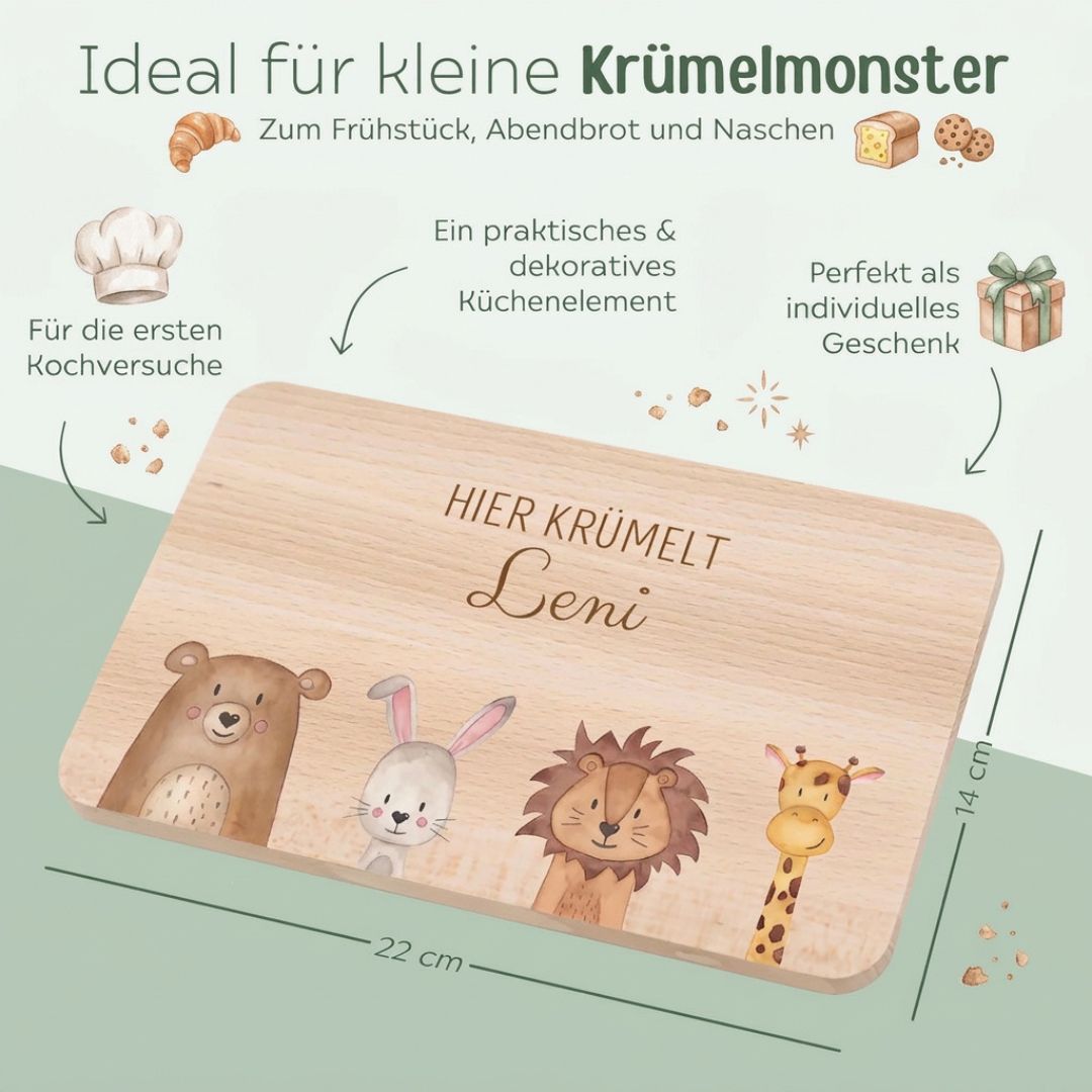 Frühstücksbrettchen personalisiert - Tiere unten Aquarell - wunderwunsch