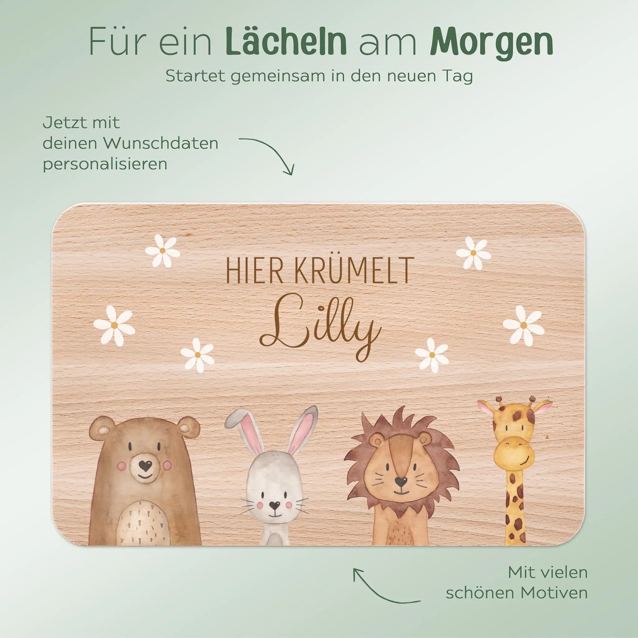 Frühstücksbrettchen personalisiert - Tiere unten Blümchen Aquarell - wunderwunsch