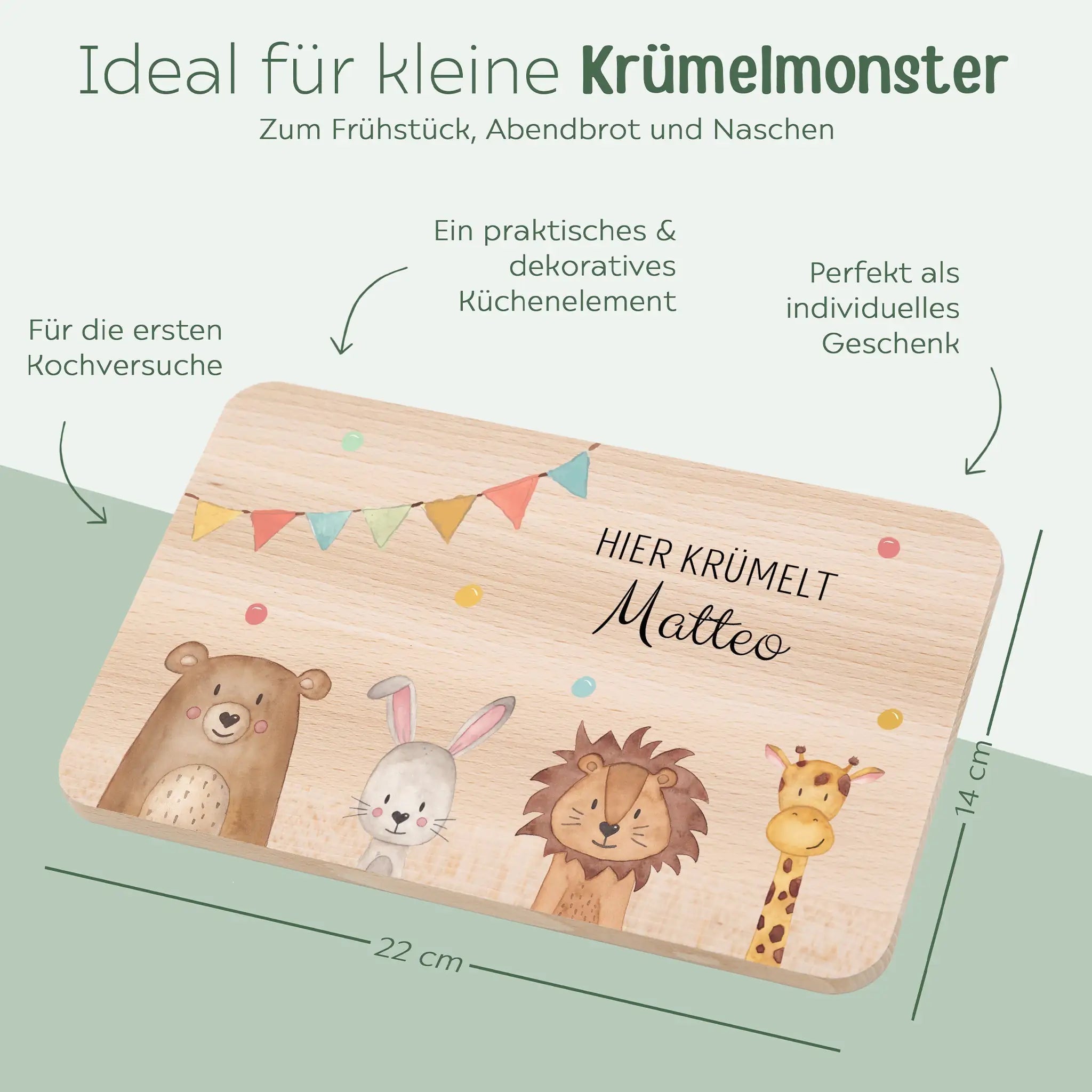 Frühstücksbrettchen personalisiert - Tiere unten Girlande Aquarell - wunderwunsch