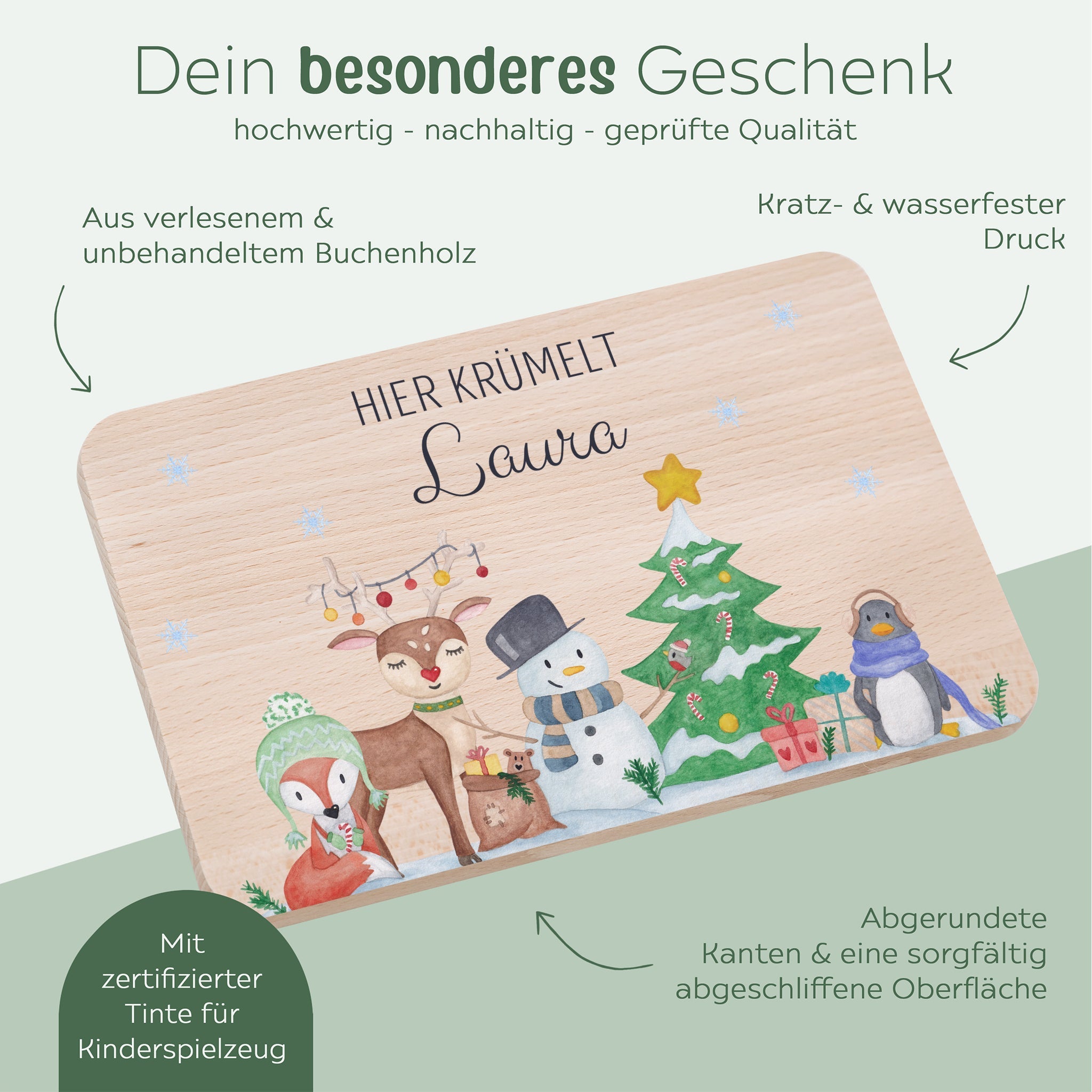 Frühstücksbrett und Emaille Kindertasse personalisiert - Waldtiere Winter bunt - wunderwunsch