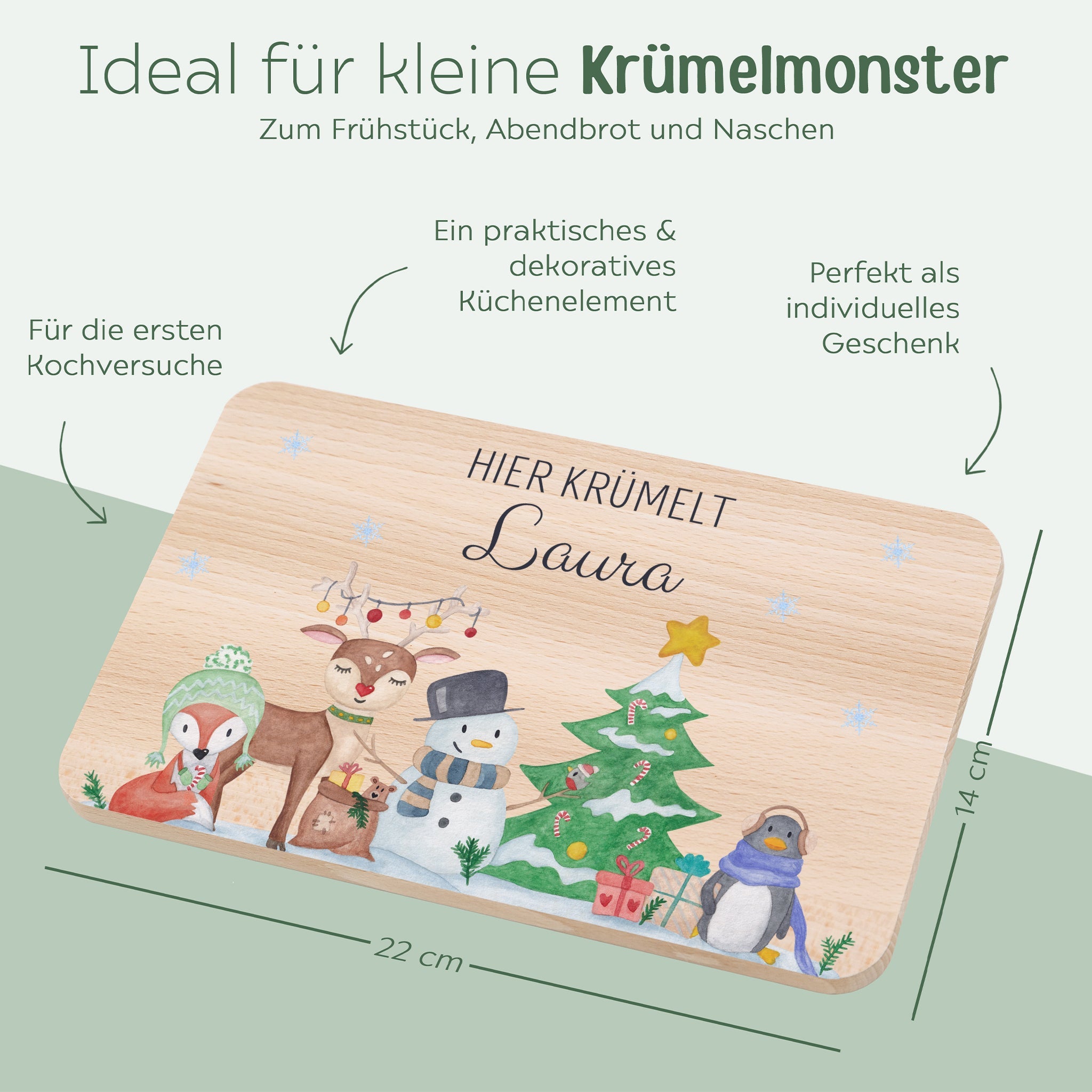 Frühstücksbrett und Emaille Kindertasse personalisiert - Waldtiere Winter bunt - wunderwunsch