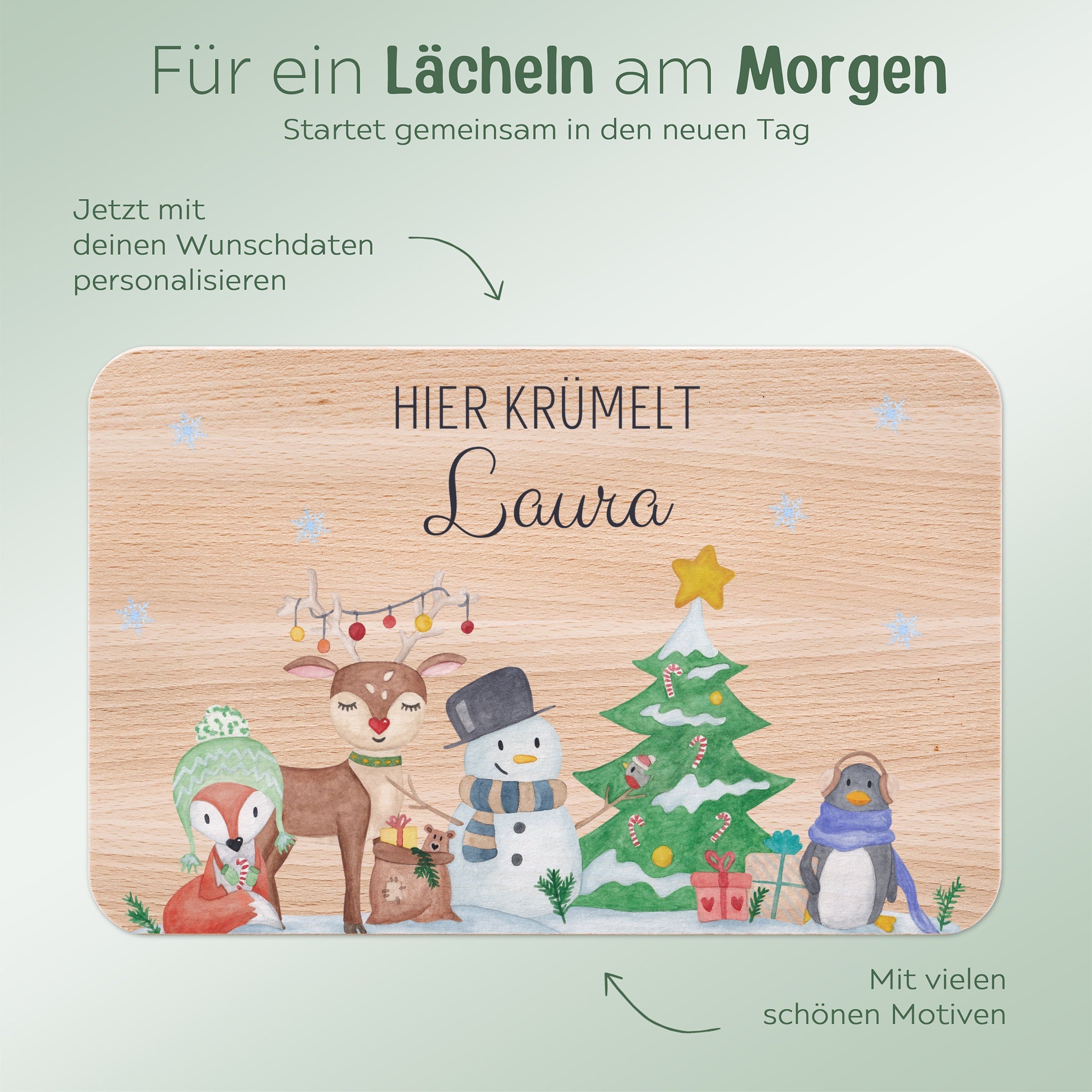 Frühstücksbrett und Emaille Kindertasse personalisiert - Waldtiere Winter bunt - wunderwunsch