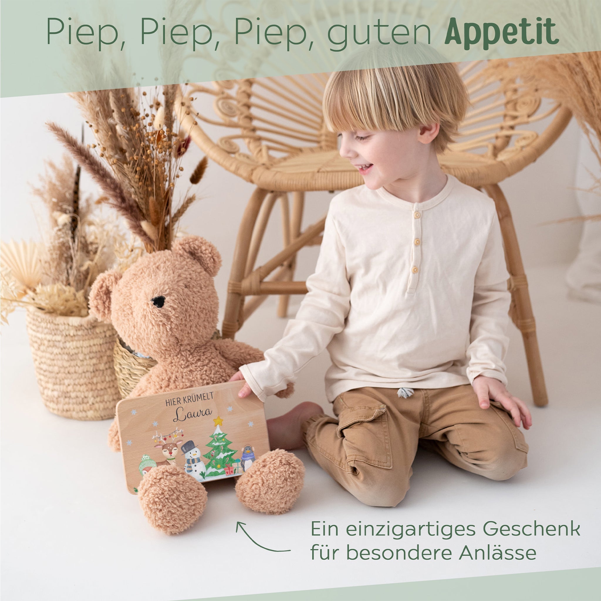 Frühstücksbrett und Emaille Kindertasse personalisiert - Waldtiere Winter bunt - wunderwunsch