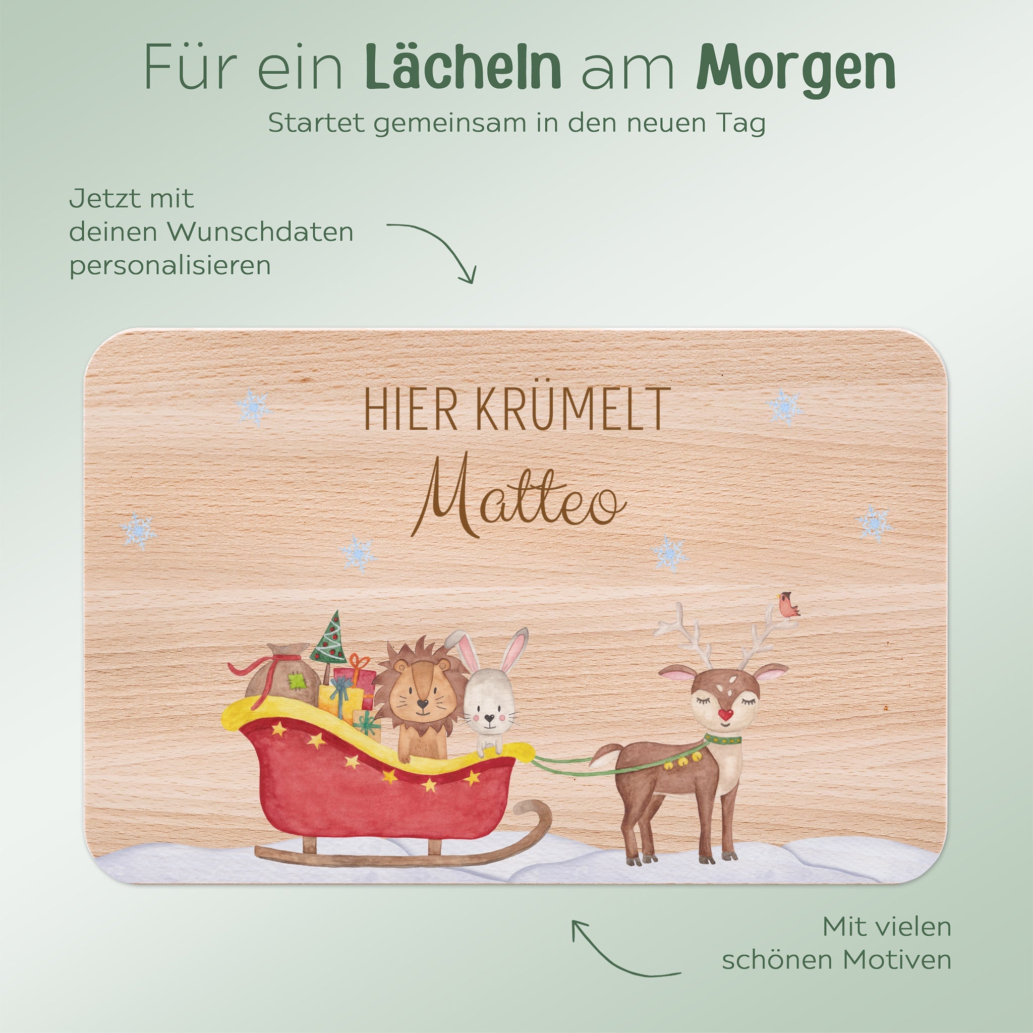 Frühstücksbrett und Emaille Kindertasse personalisiert - Weihnachtsschlitten bunt - wunderwunsch
