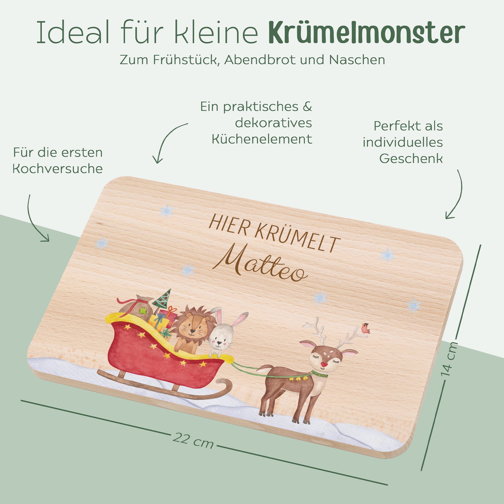 Frühstücksbrett und Emaille Kindertasse personalisiert - Weihnachtsschlitten bunt - wunderwunsch