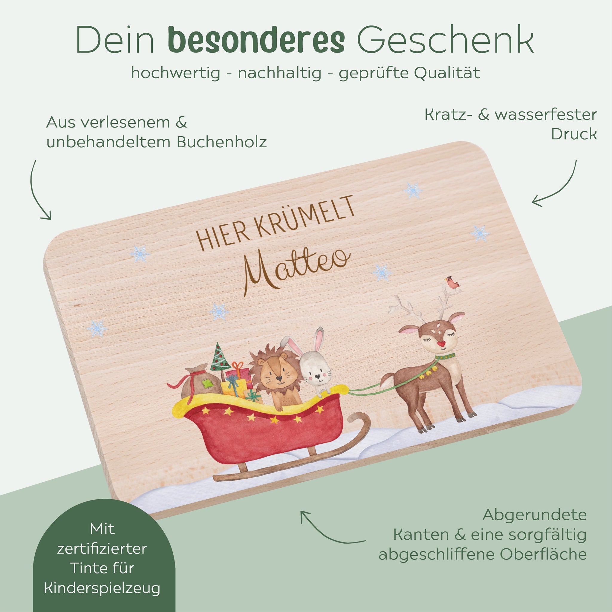 Frühstücksbrett und Emaille Kindertasse personalisiert - Weihnachtsschlitten bunt - wunderwunsch