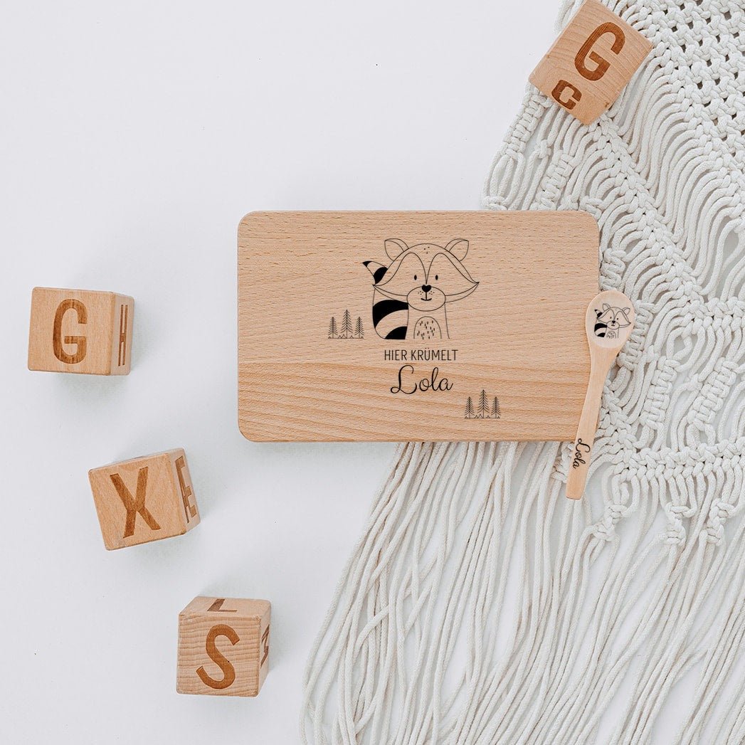 Frühstücksbrettchen mit Kinderlöffel personalisiert - Tier Bäume Gravur - wunderwunsch