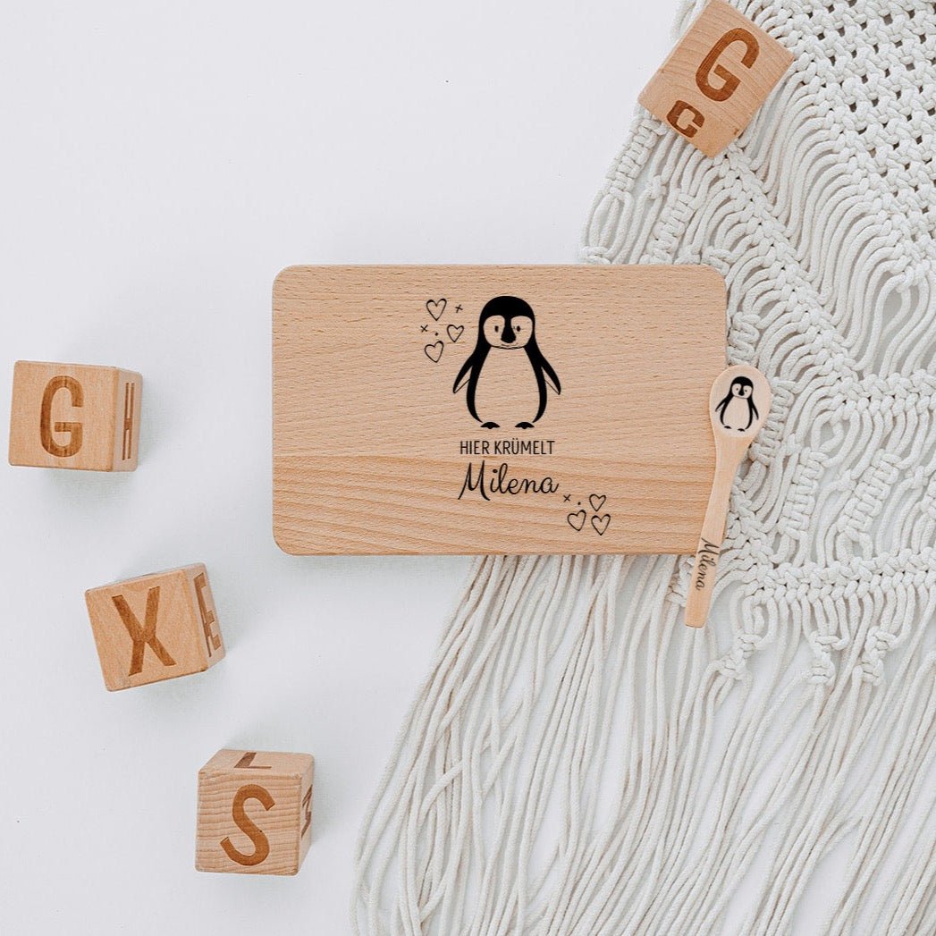 Frühstücksbrettchen mit Kinderlöffel personalisiert - Tier Bäume Gravur - wunderwunsch