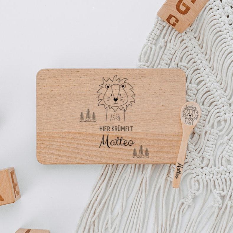 Frühstücksbrettchen mit Kinderlöffel personalisiert - Tier Bäume Gravur - wunderwunsch