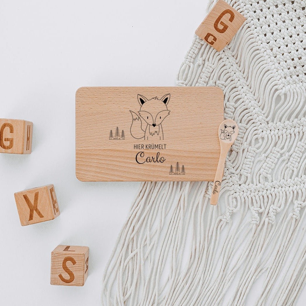 Frühstücksbrettchen mit Kinderlöffel personalisiert - Tier Bäume Gravur - wunderwunsch