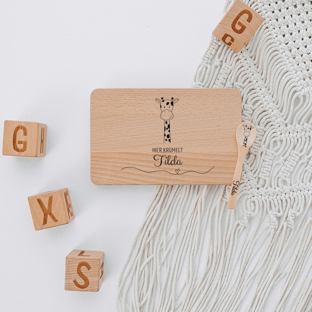 Frühstücksbrettchen mit Kinderlöffel personalisiert - Tier Bäume Gravur - wunderwunsch
