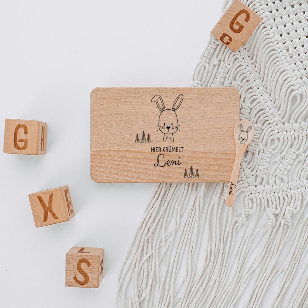 Frühstücksbrettchen mit Kinderlöffel personalisiert - Tier Bäume Gravur - wunderwunsch