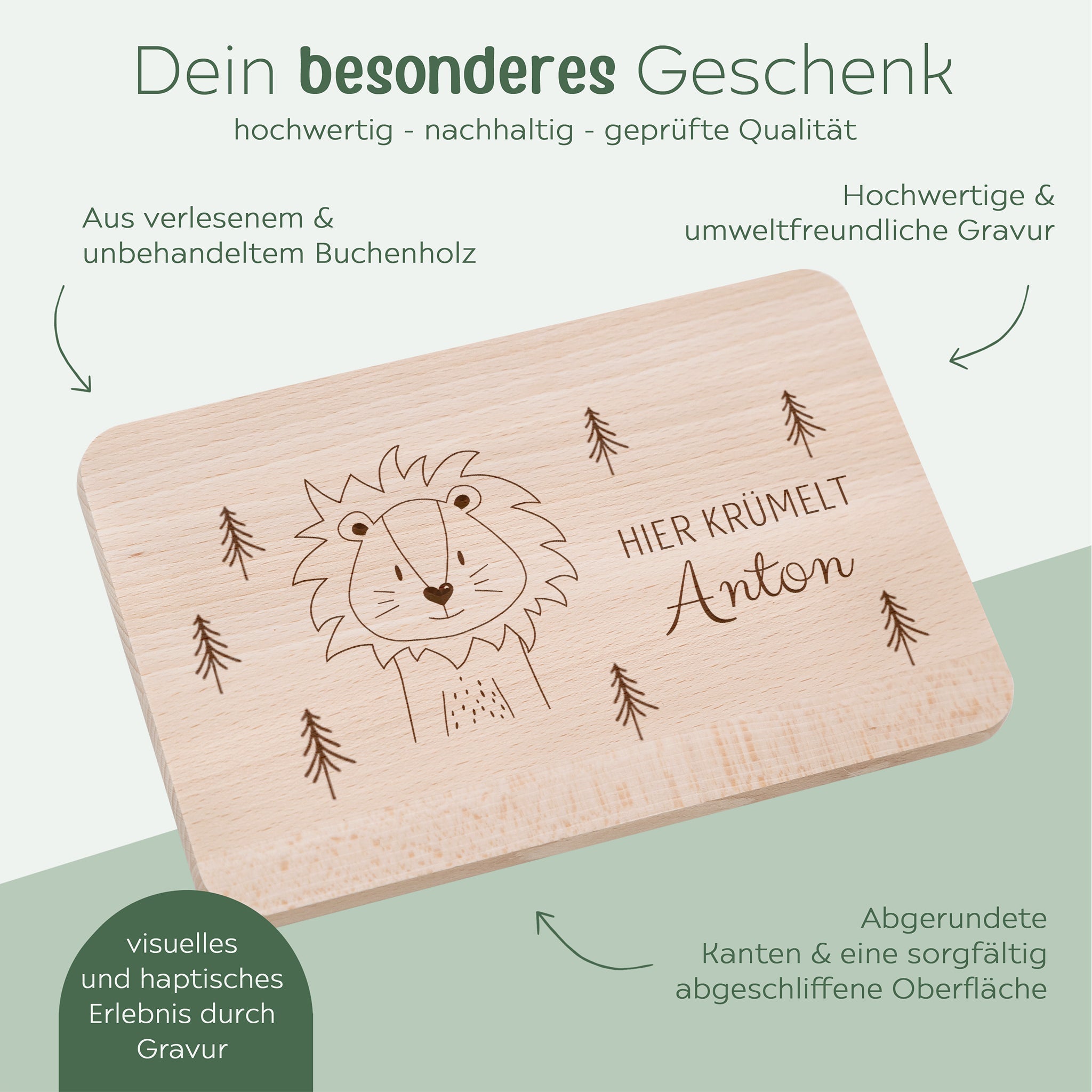 Frühstücksbrettchen mit Kinderlöffel personalisiert - Tier Wald Gravur - wunderwunsch