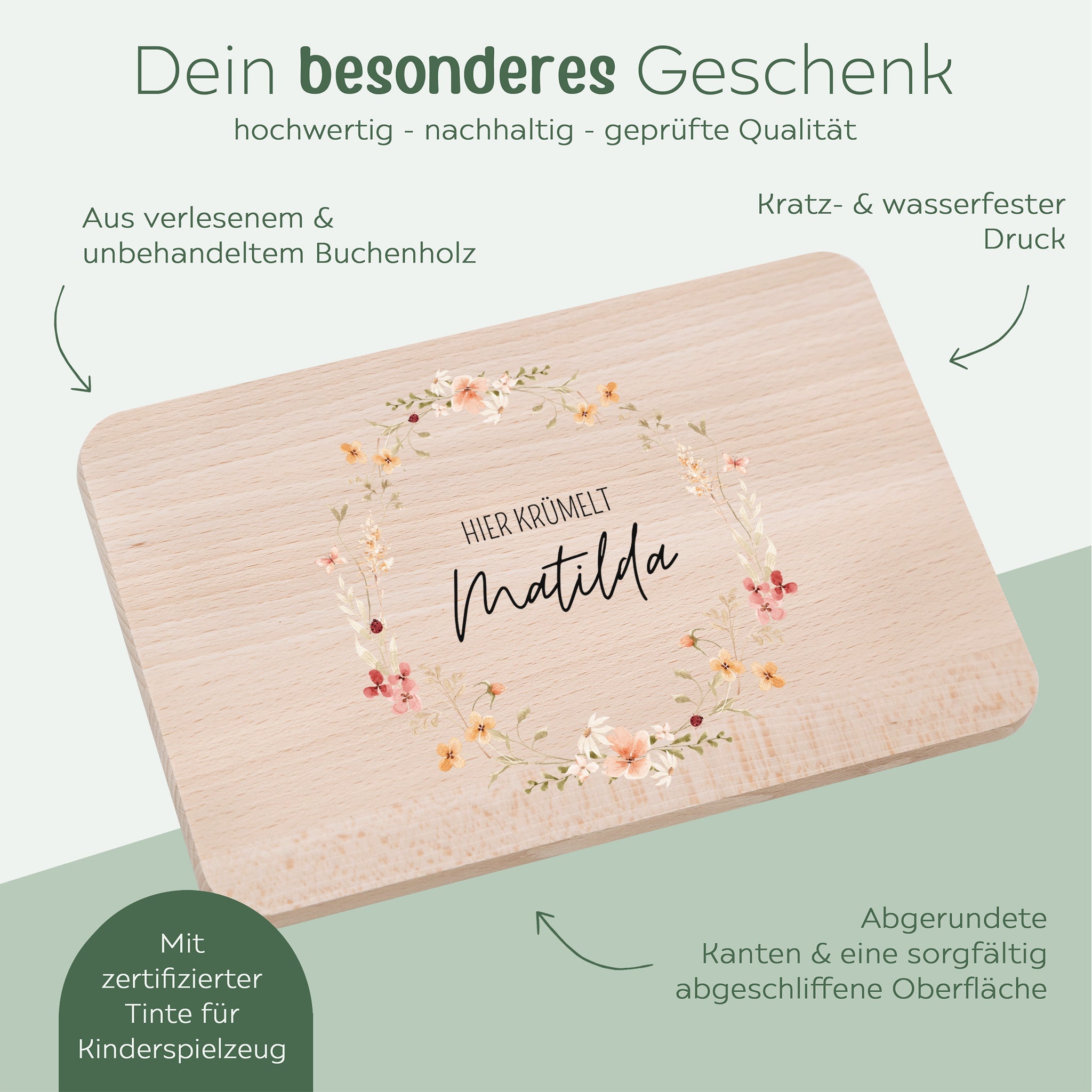 Frühstücksbrettchen personalisiert - Blumenkranz Aquarell - wunderwunsch