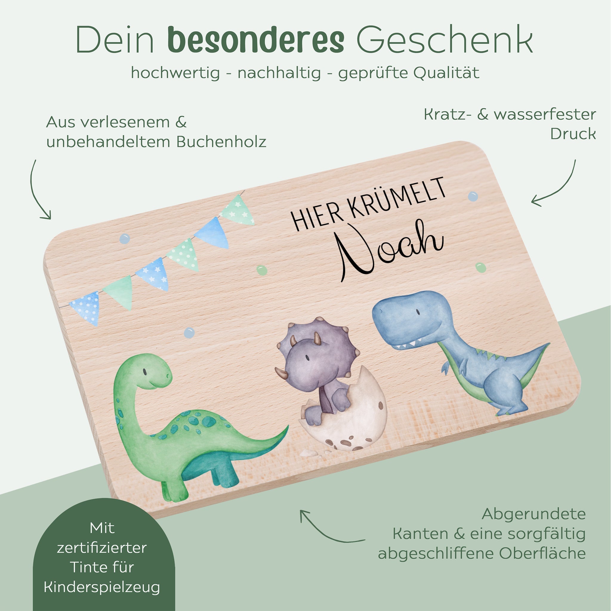 Frühstücksbrettchen personalisiert - Dinosaurier blaue Girlande Aquarell - wunderwunsch