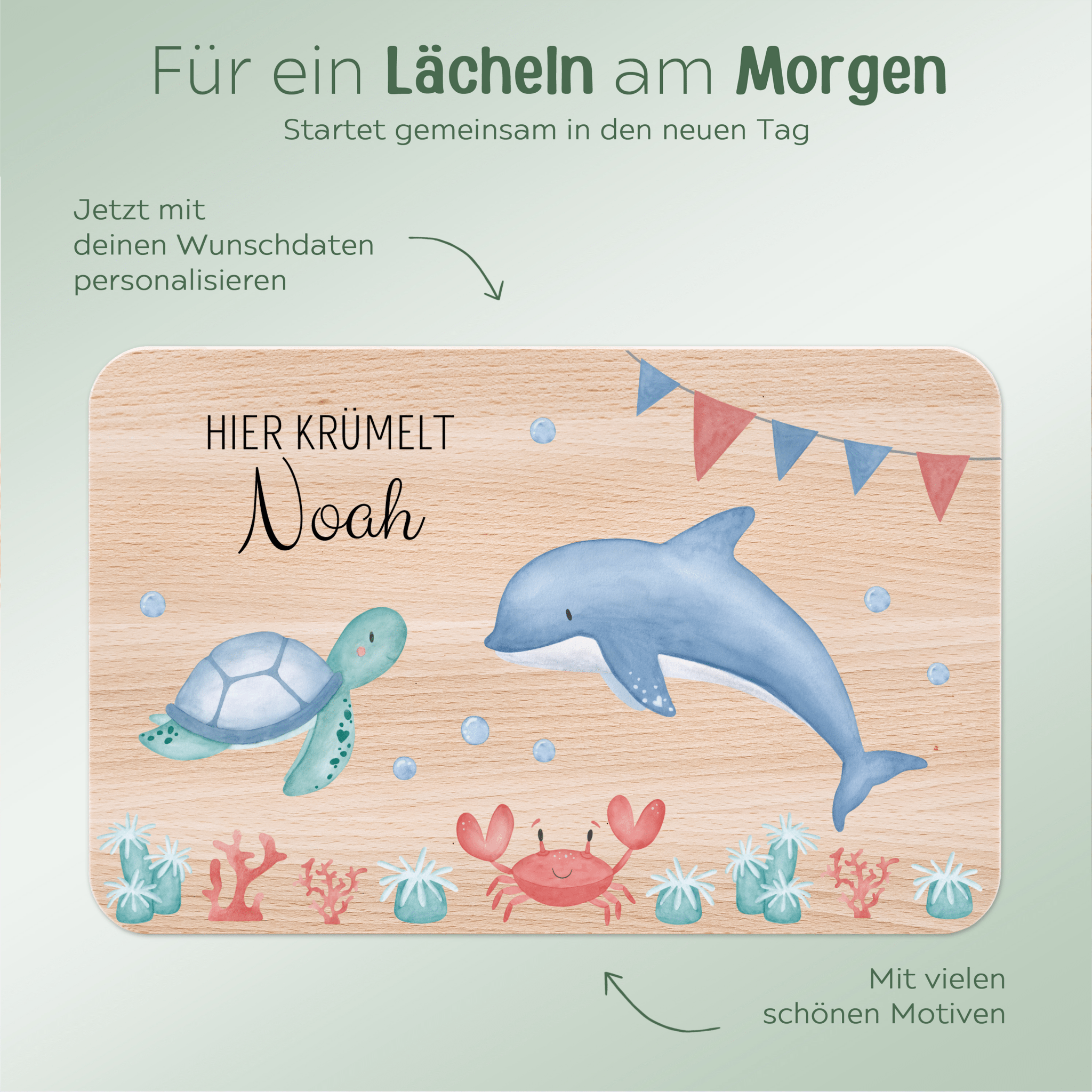 Frühstücksbrettchen personalisiert - Meeresfreunde Girlande Aquarell - wunderwunsch