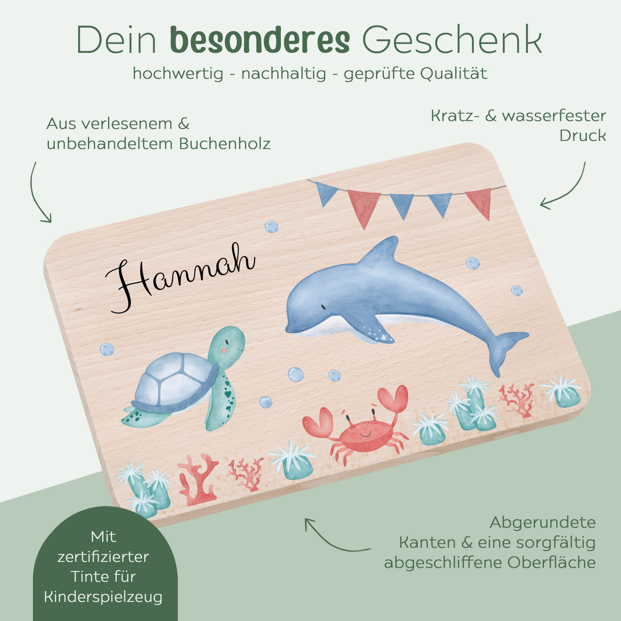 Frühstücksbrettchen personalisiert - Meeresfreunde Girlande Aquarell - wunderwunsch