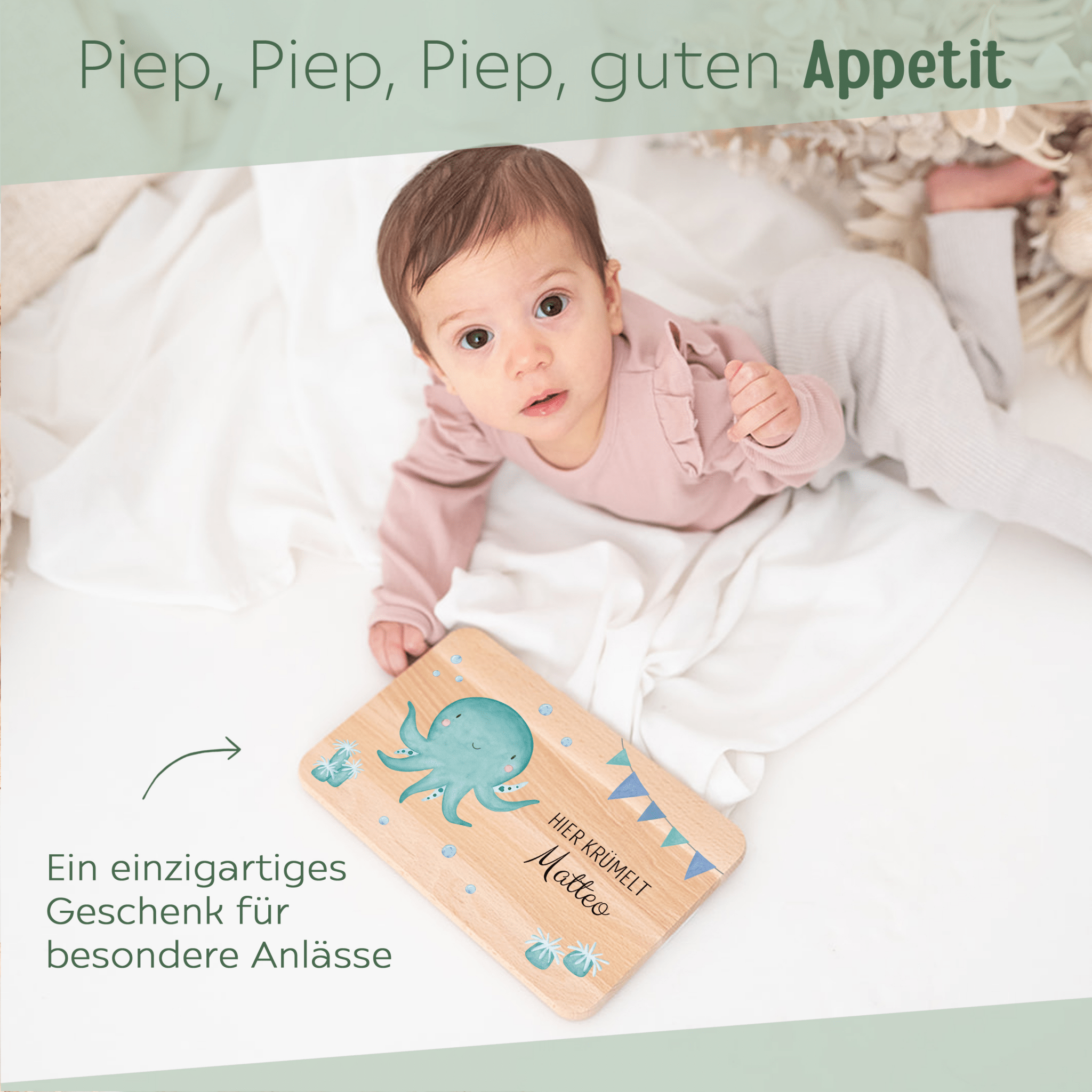 Frühstücksbrettchen personalisiert - Meerestier Girlande Aquarell - wunderwunsch