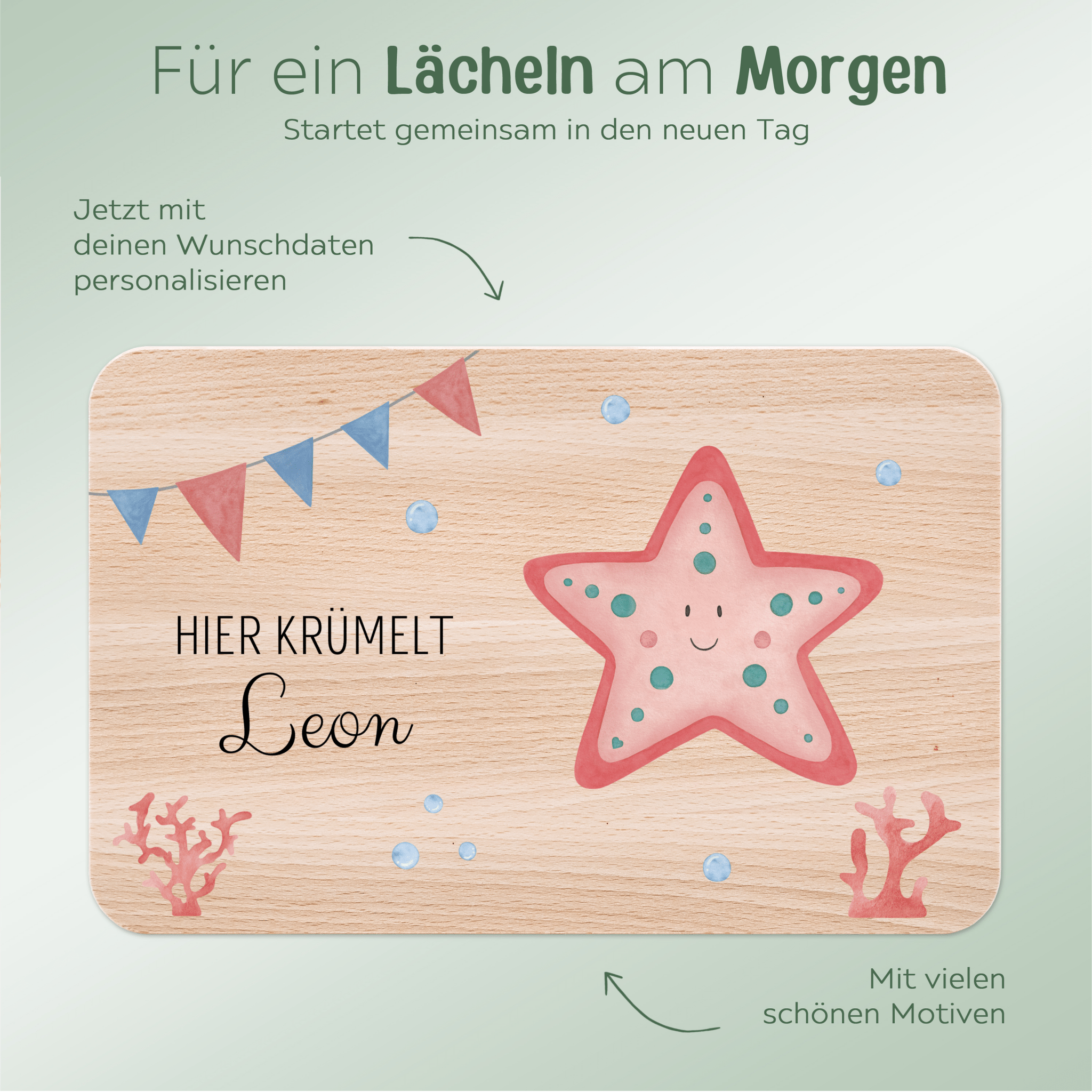 Frühstücksbrettchen personalisiert - Meerestier Girlande Aquarell - wunderwunsch