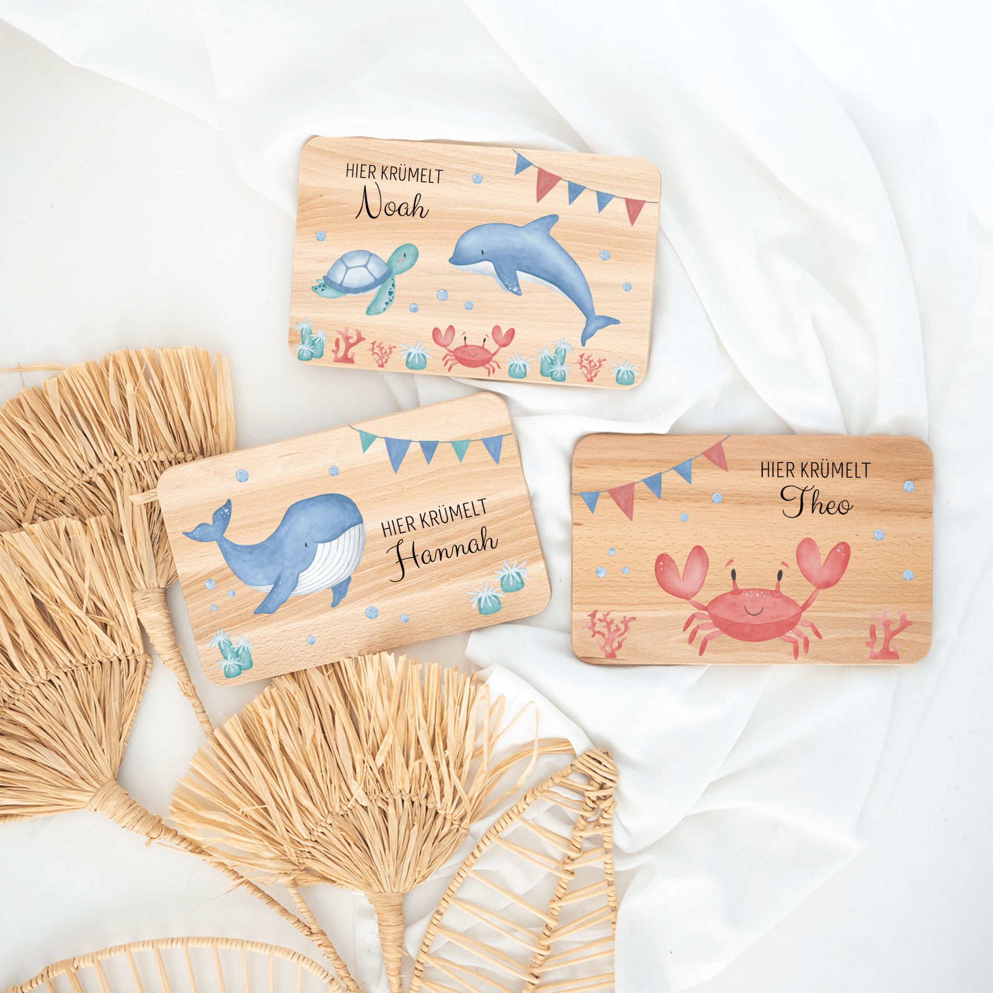 Frühstücksbrettchen personalisiert - Meerestier Girlande Aquarell - wunderwunsch