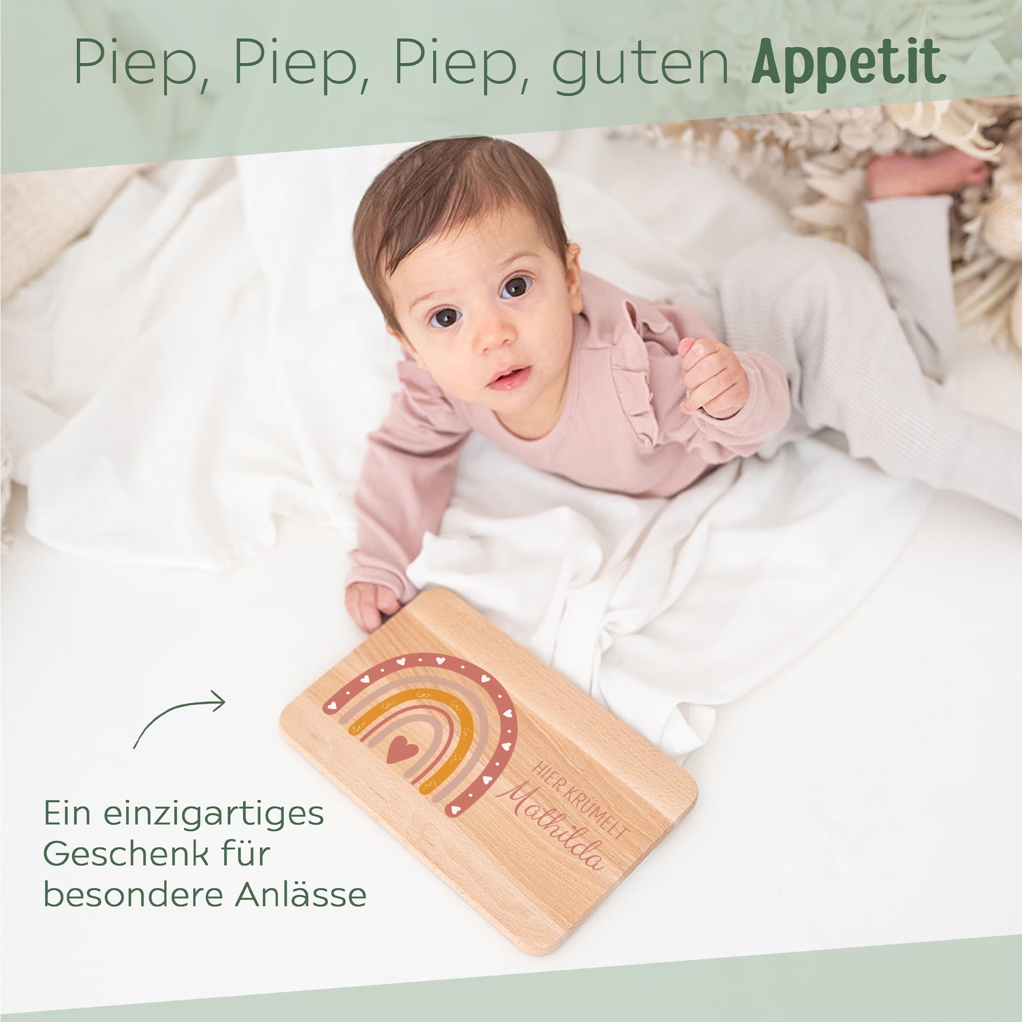 Frühstücksbrettchen personalisiert - Regenbogen rosa Aquarell - wunderwunsch