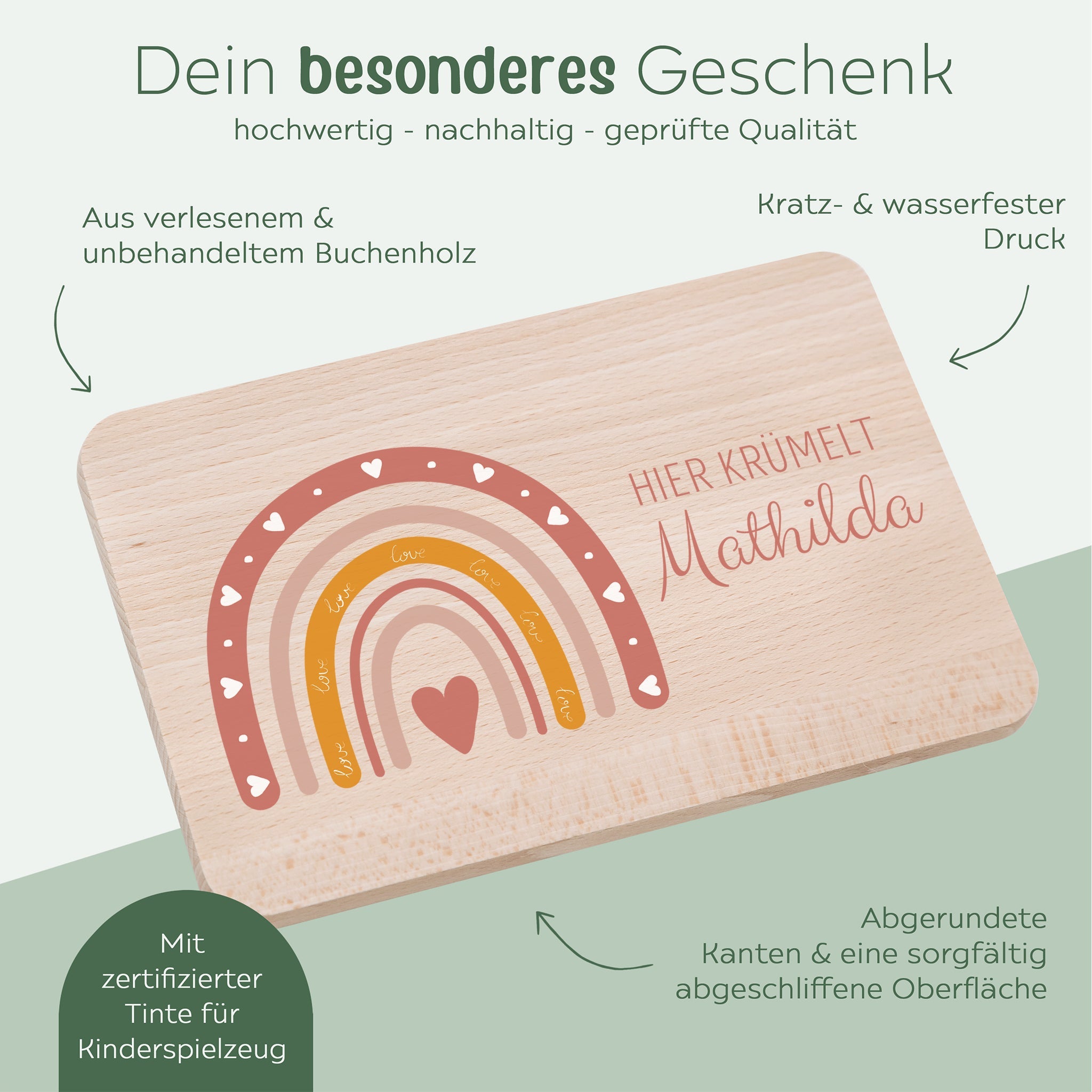Frühstücksbrettchen personalisiert - Regenbogen rosa Aquarell - wunderwunsch