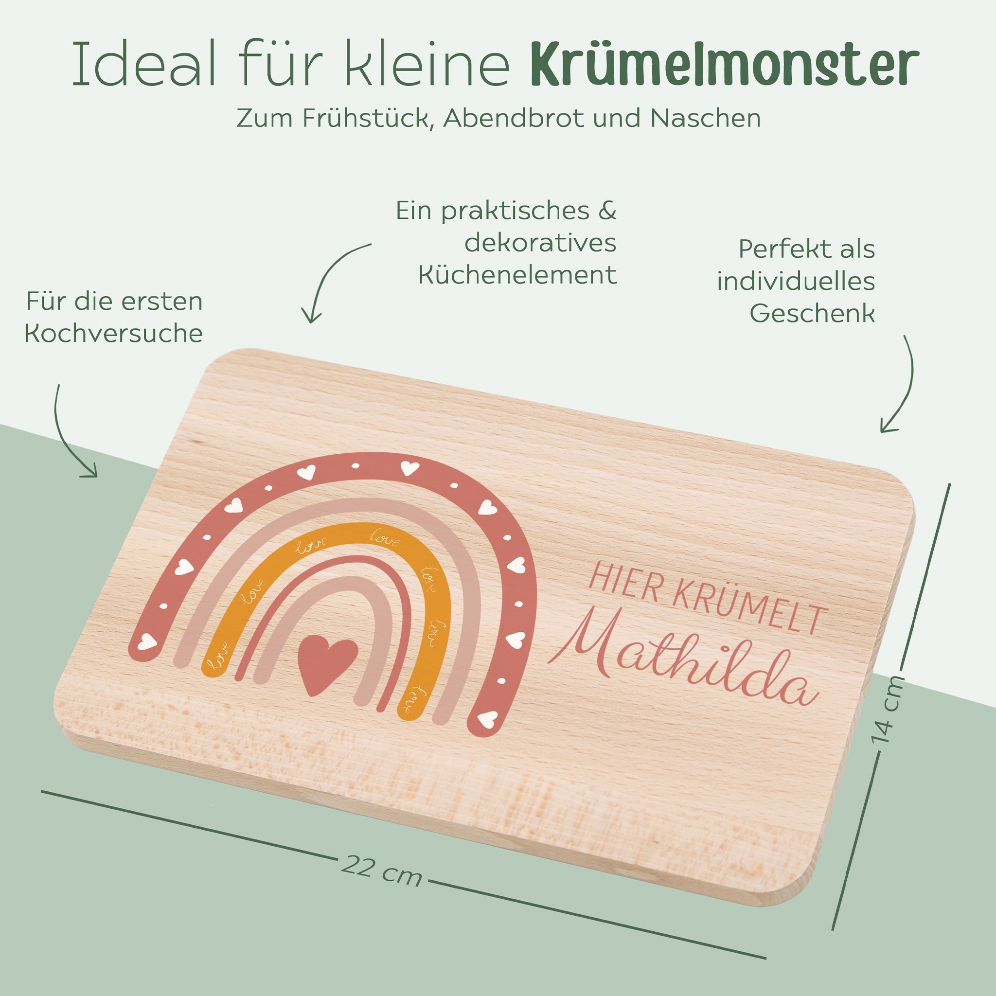 Frühstücksbrettchen personalisiert - Regenbogen rosa Aquarell - wunderwunsch