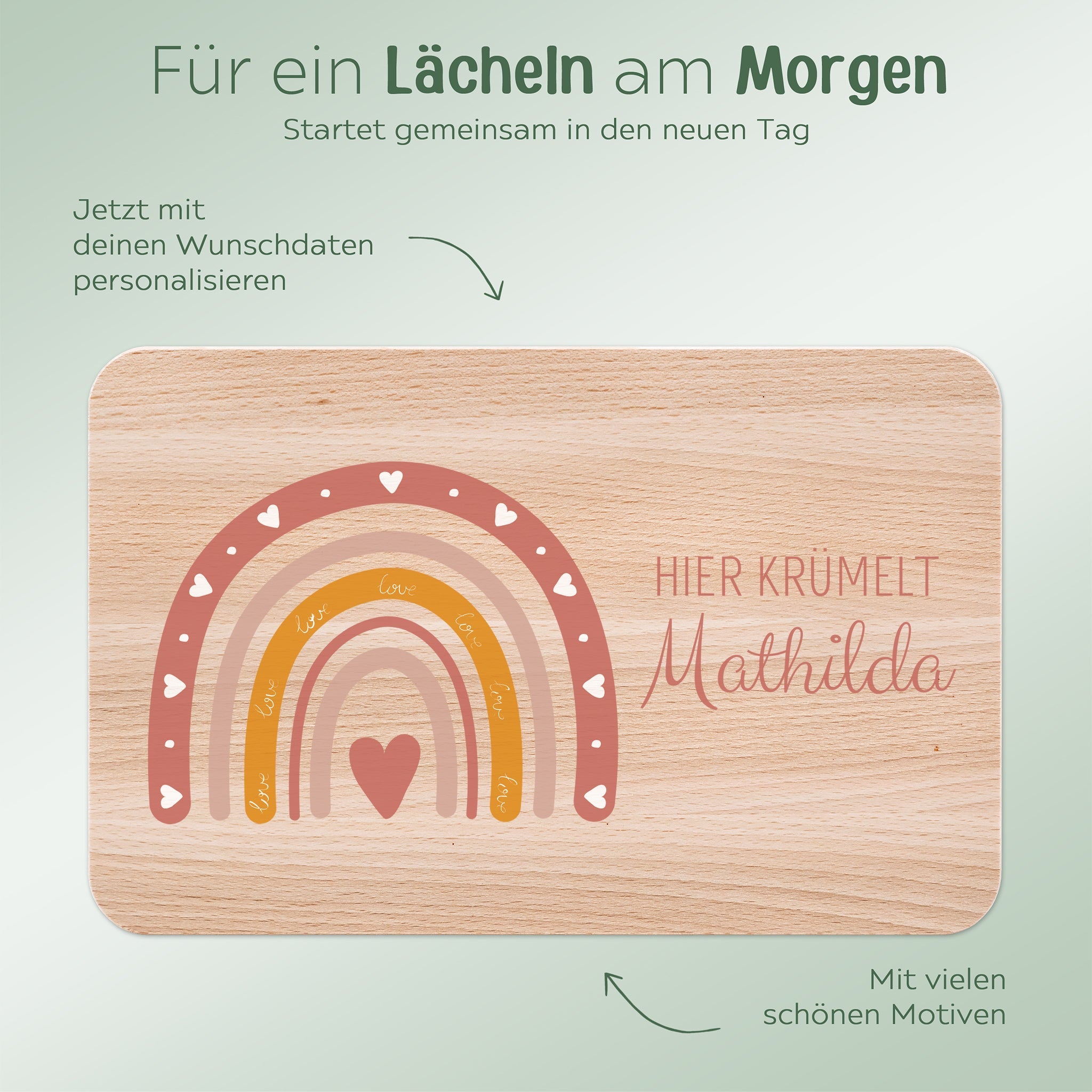 Frühstücksbrettchen personalisiert - Regenbogen rosa Aquarell - wunderwunsch
