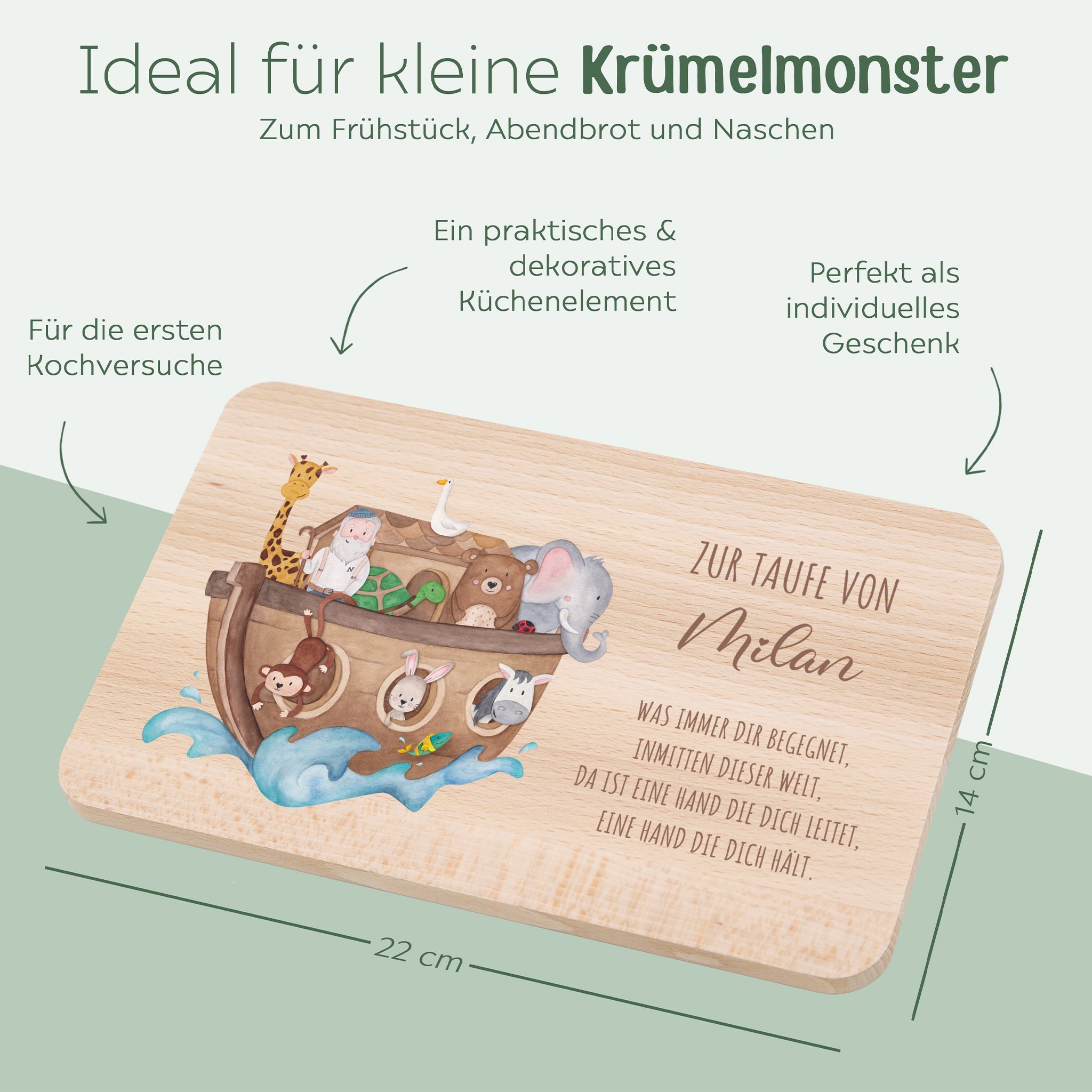 Frühstücksbrettchen personalisiert - Taufe Arche Noah Tiere - wunderwunsch