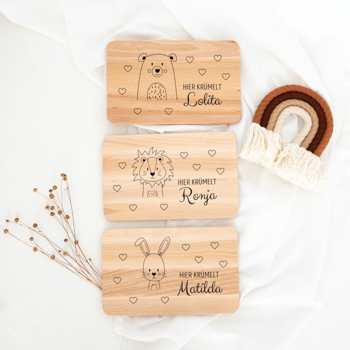 Frühstücksbrettchen personalisiert - Tier Herzen Gravur - wunderwunsch