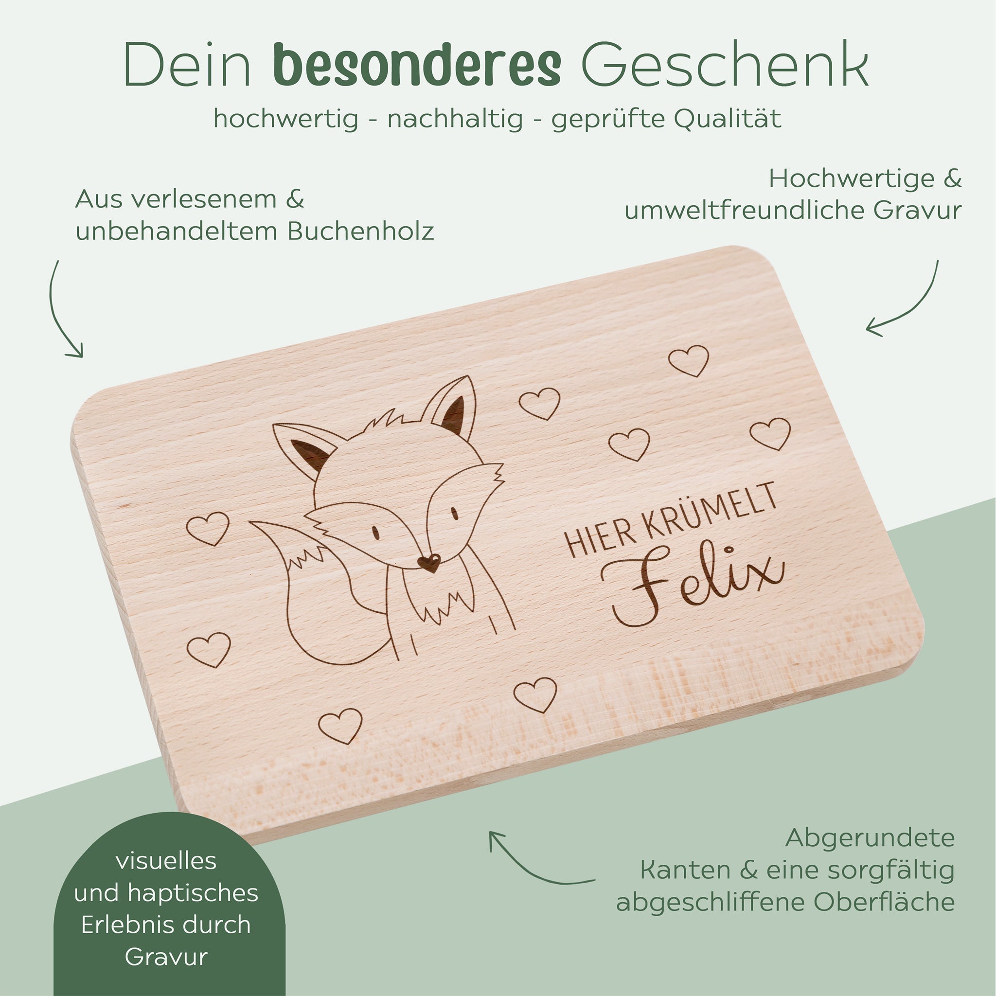 Frühstücksbrettchen personalisiert - Tier Herzen Gravur - wunderwunsch