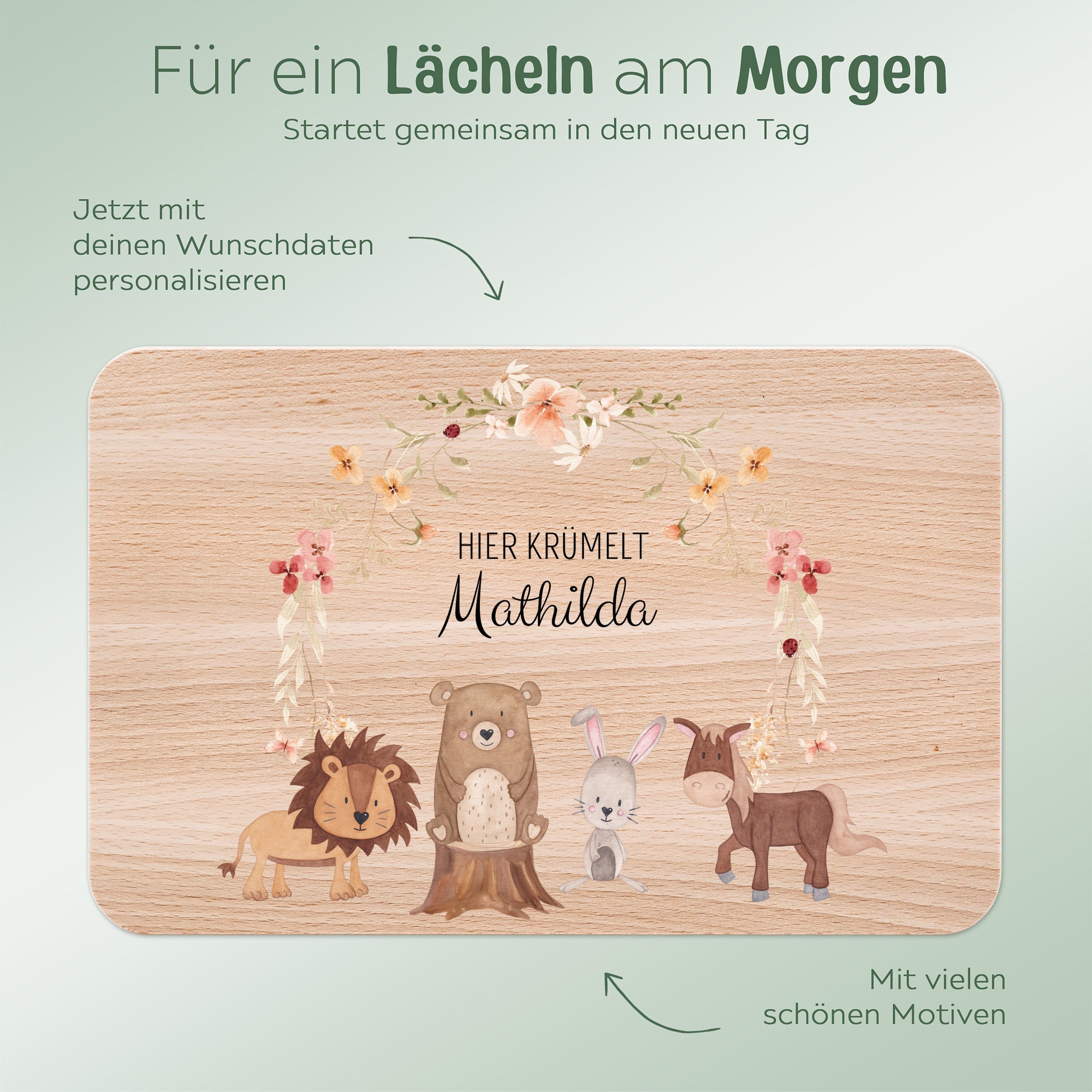 Frühstücksbrettchen personalisiert - Tiere Blumenkreis rosa Aquarell - wunderwunsch