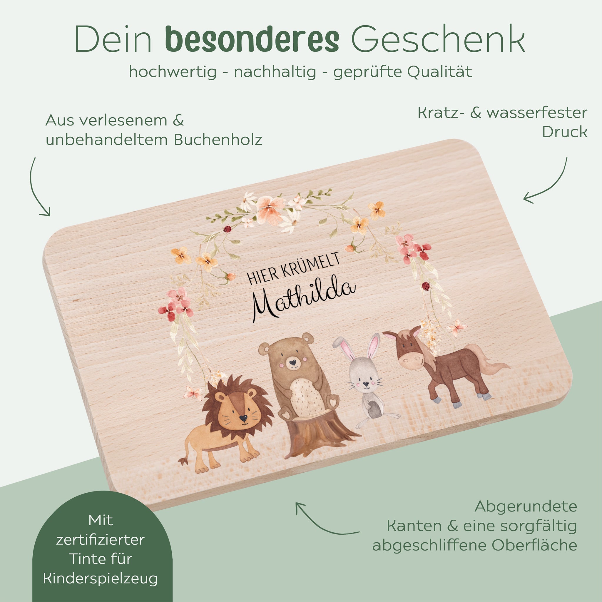 Frühstücksbrettchen personalisiert - Tiere Blumenkreis rosa Aquarell - wunderwunsch