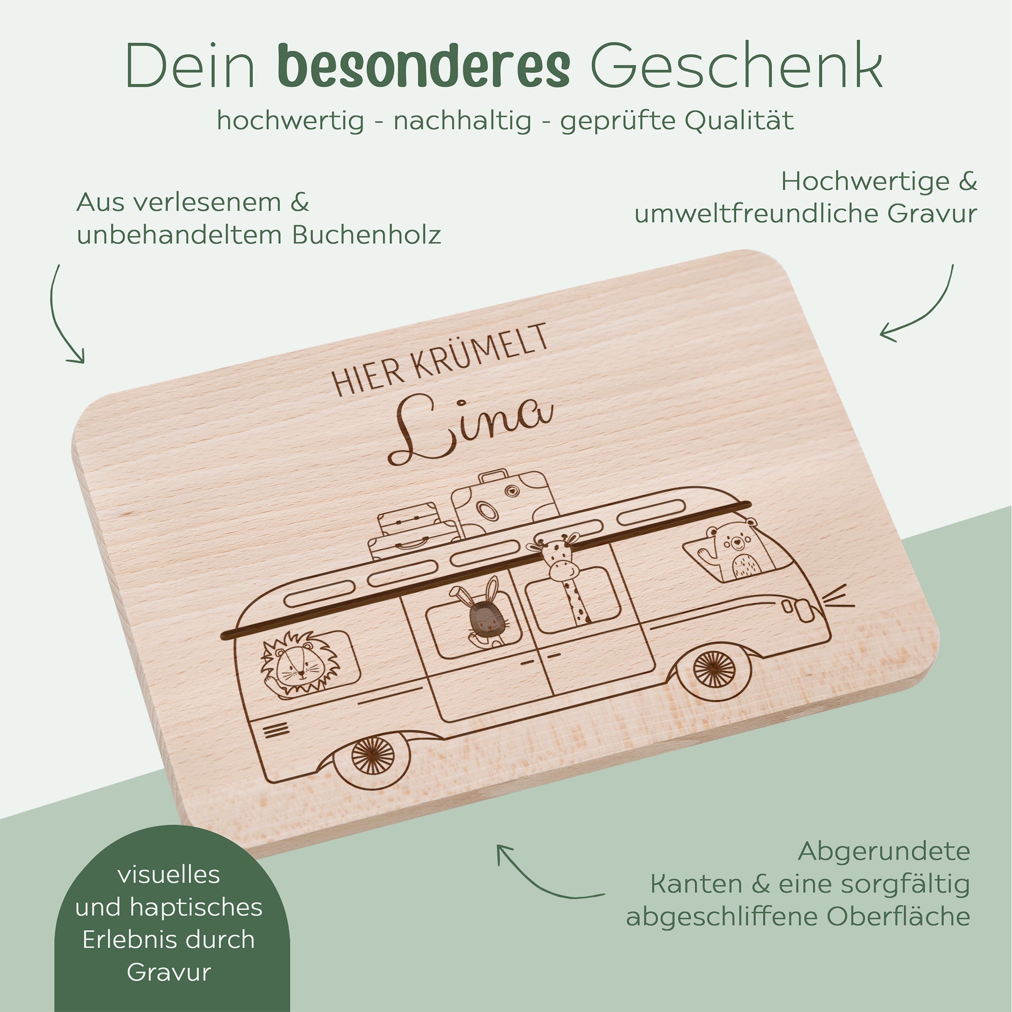 Frühstücksbrettchen personalisiert - Tiere Bus Gravur - wunderwunsch