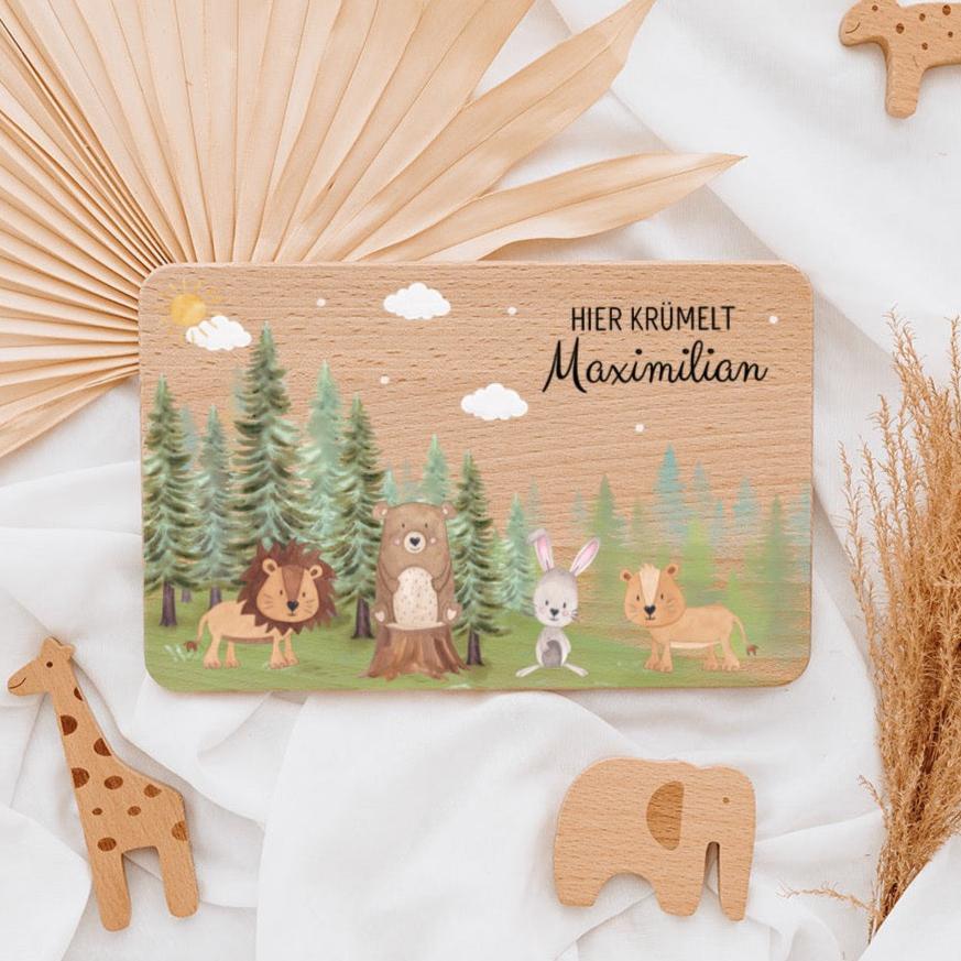 Frühstücksbrettchen personalisiert - Tiere Nadelwald Aquarell - wunderwunsch