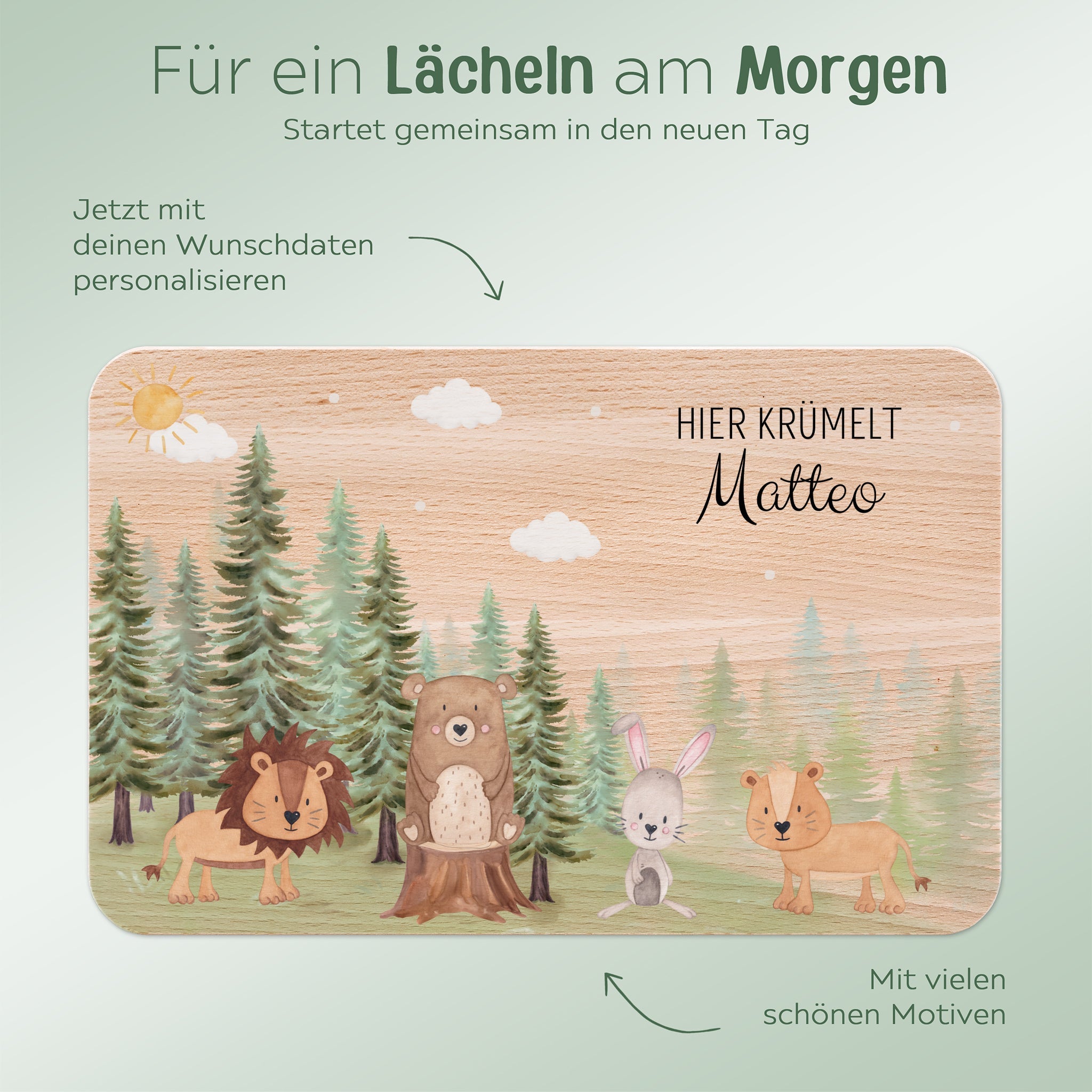 Frühstücksbrettchen personalisiert - Tiere Nadelwald Aquarell - wunderwunsch
