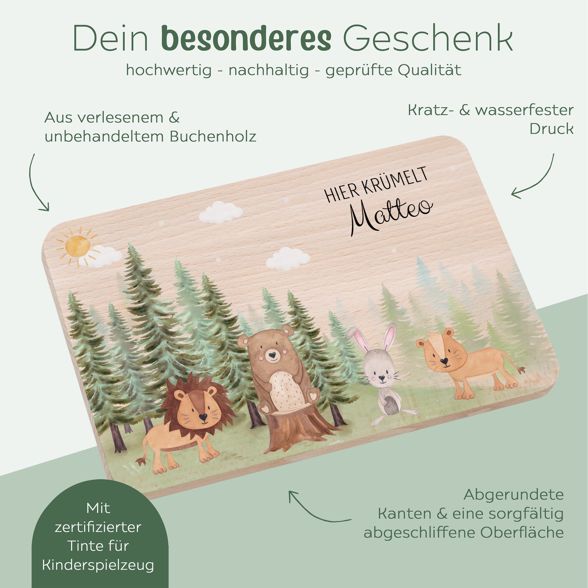 Frühstücksbrettchen personalisiert - Tiere Nadelwald Aquarell - wunderwunsch
