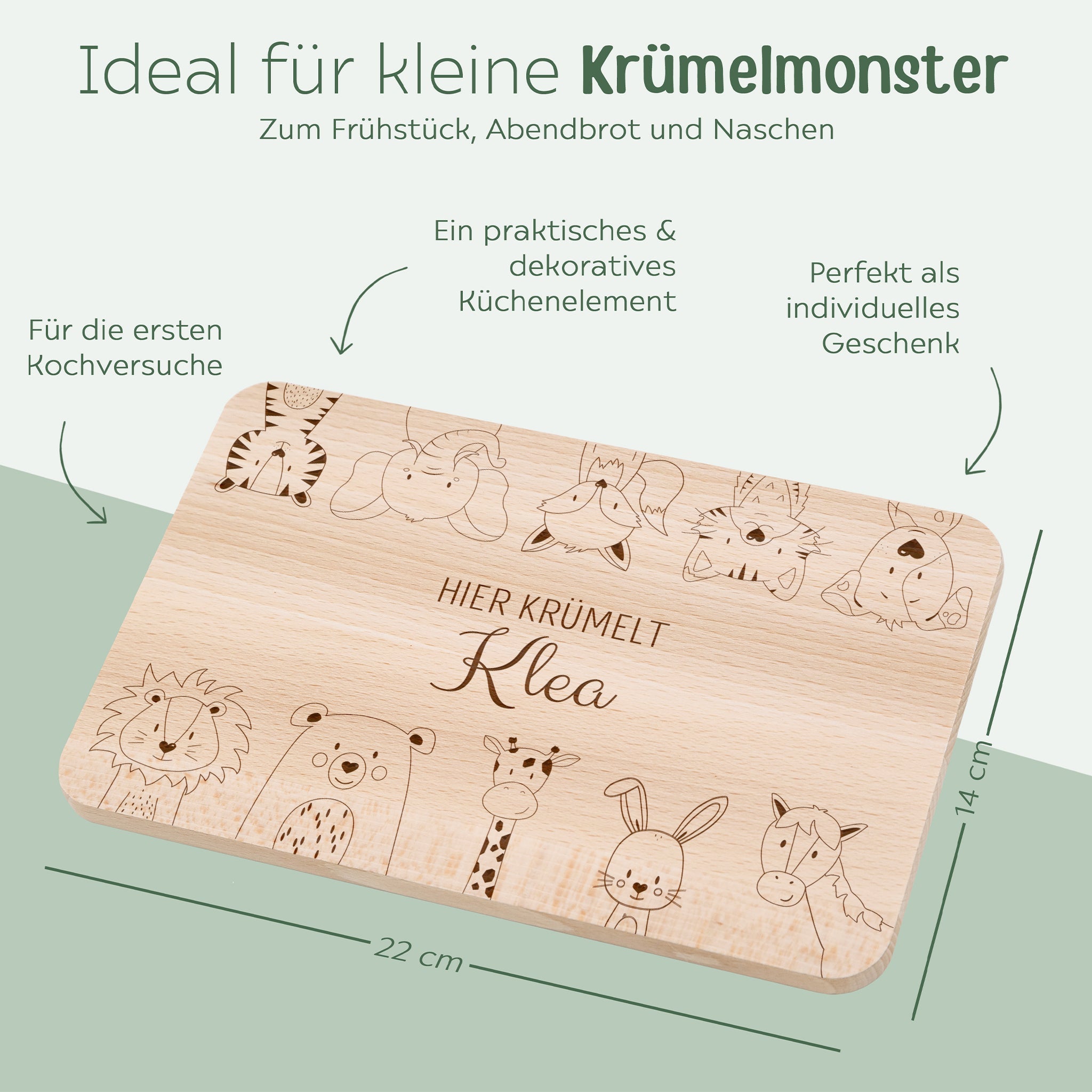 Frühstücksbrettchen personalisiert - Tiere oben und unten Gravur - wunderwunsch