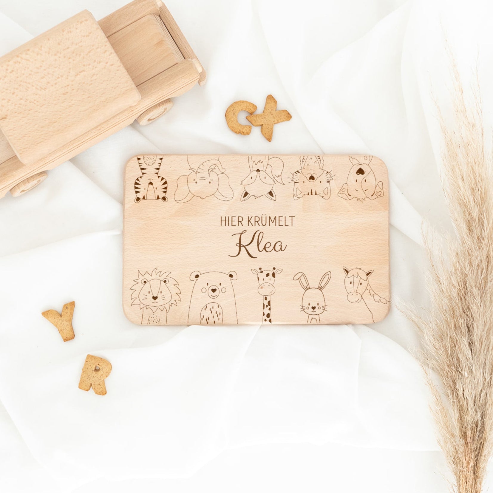Frühstücksbrettchen personalisiert - Tiere oben und unten Gravur - wunderwunsch