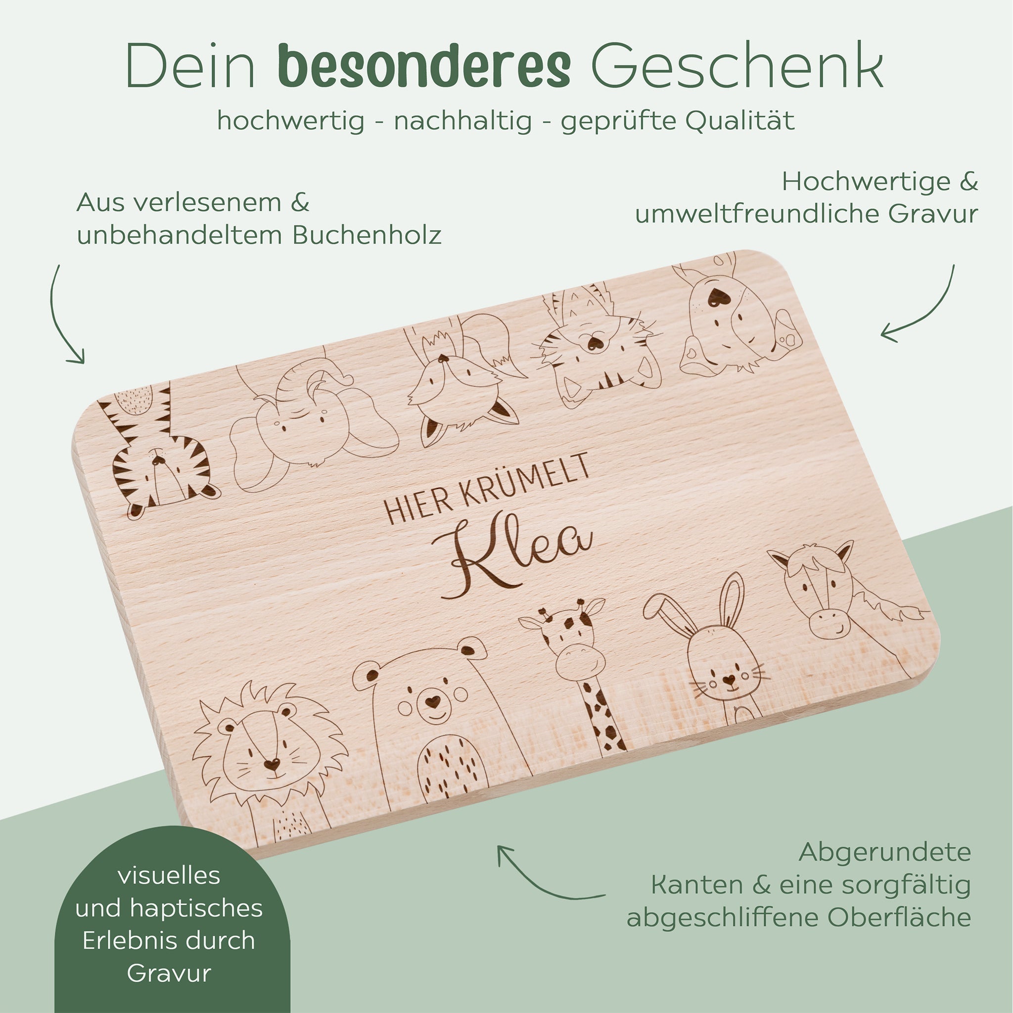 Frühstücksbrettchen personalisiert - Tiere oben und unten Gravur - wunderwunsch
