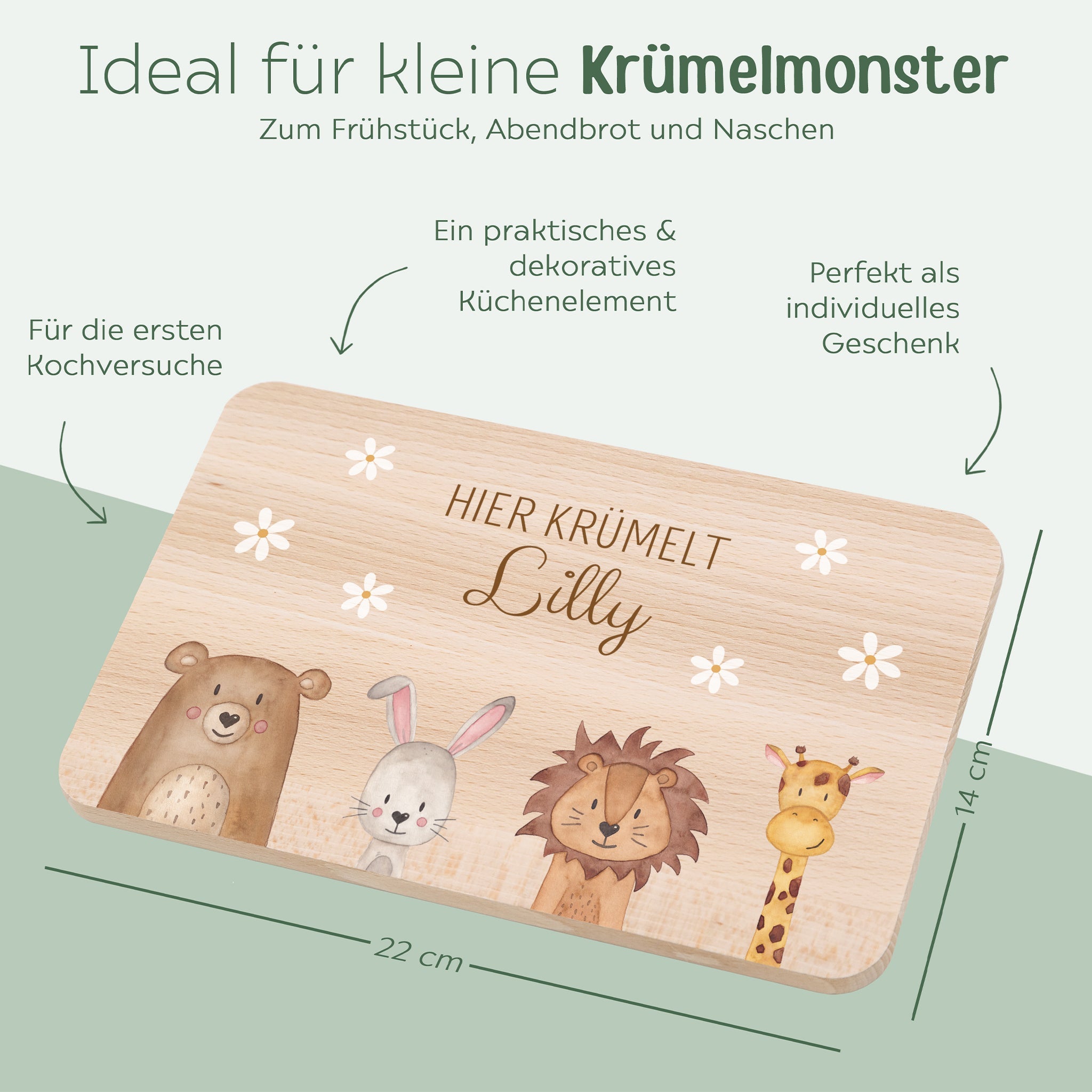 Frühstücksbrettchen personalisiert - Tiere unten Blümchen Aquarell - wunderwunsch