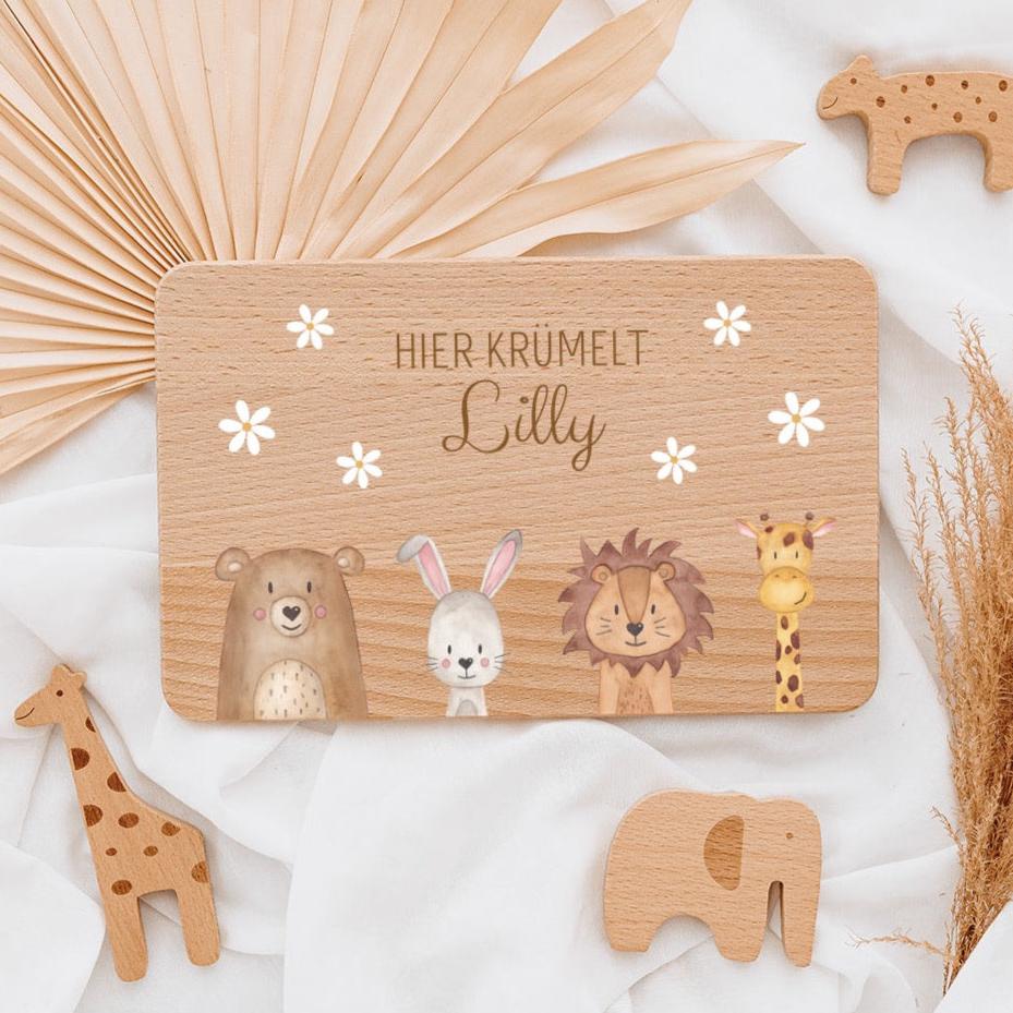 Frühstücksbrettchen personalisiert - Tiere unten Blümchen Aquarell - wunderwunsch