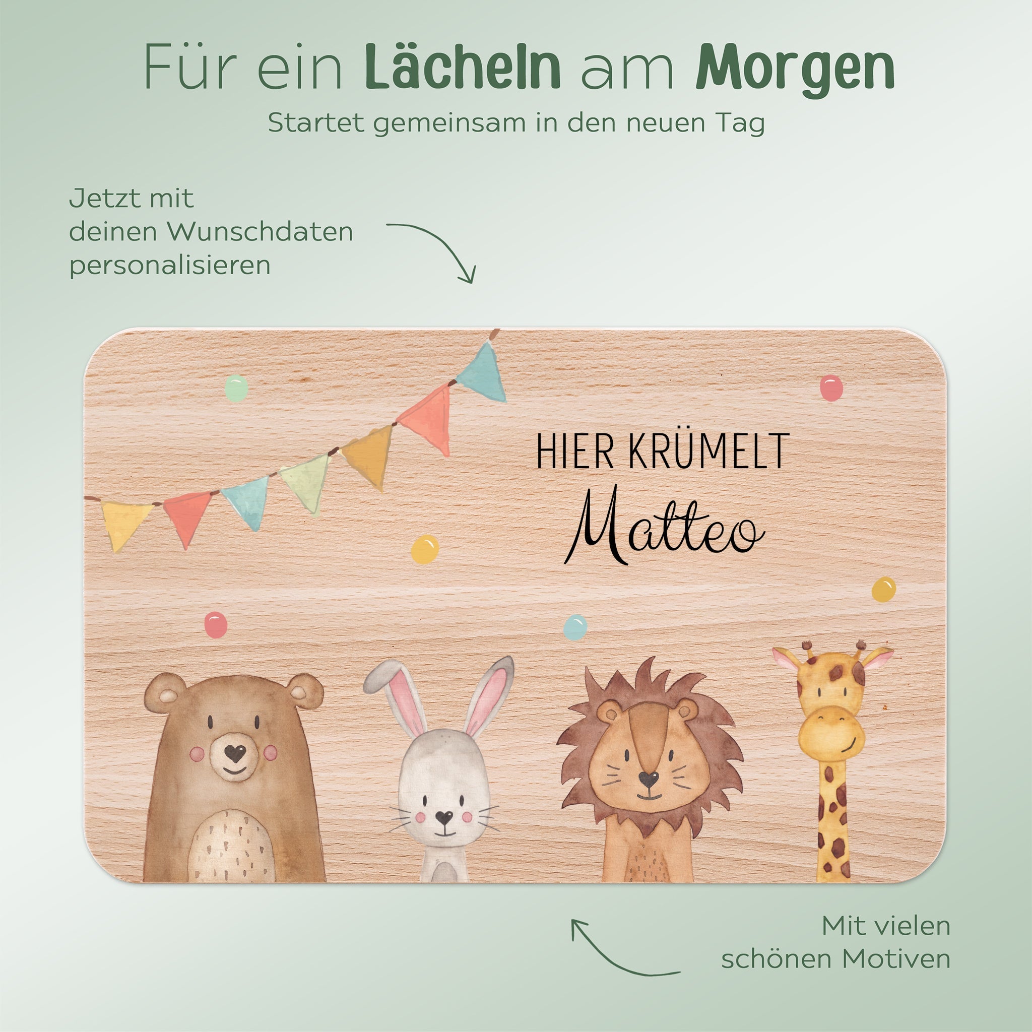 Frühstücksbrettchen personalisiert - Tiere unten Girlande Aquarell - wunderwunsch