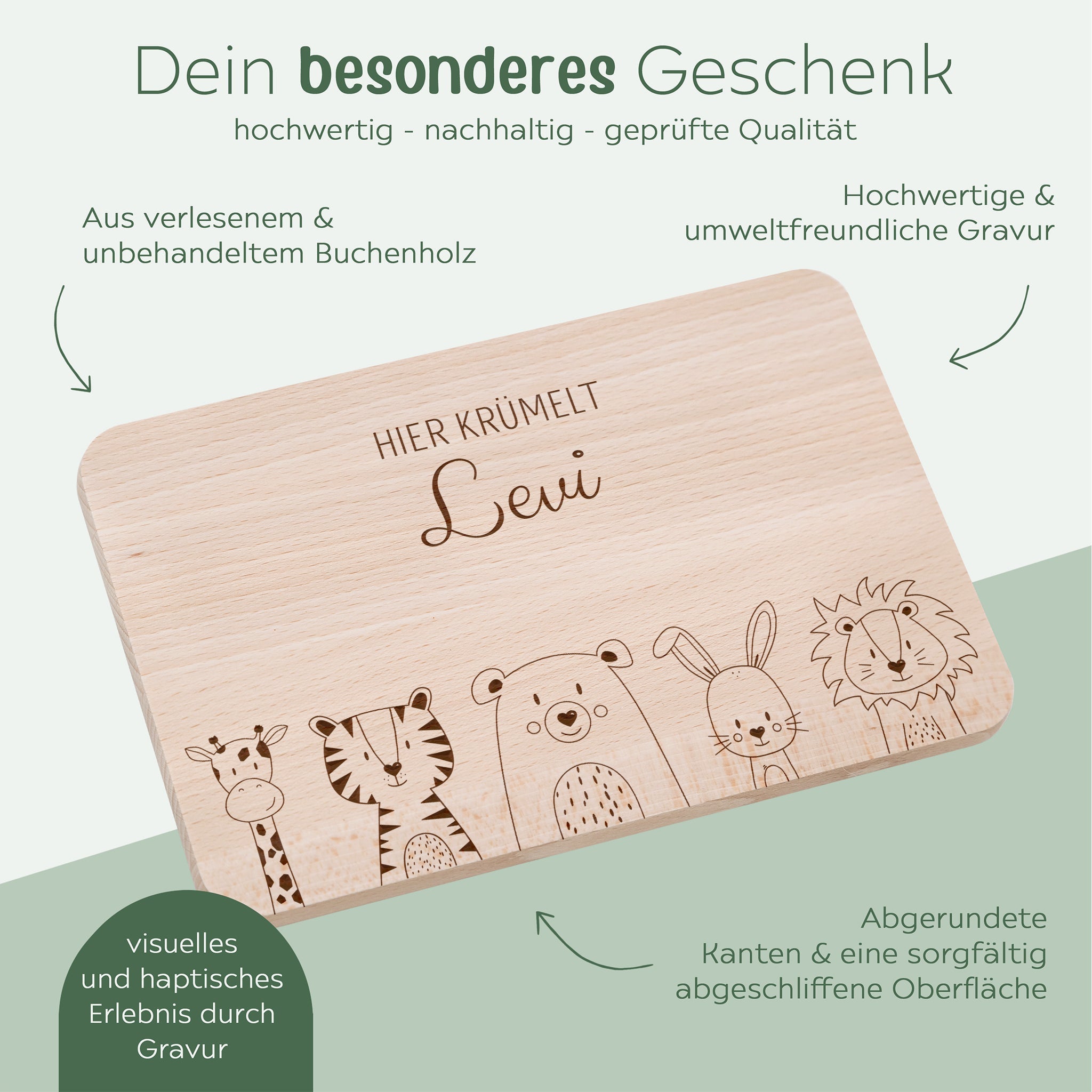 Frühstücksbrettchen personalisiert - Tiere unten Gravur - wunderwunsch