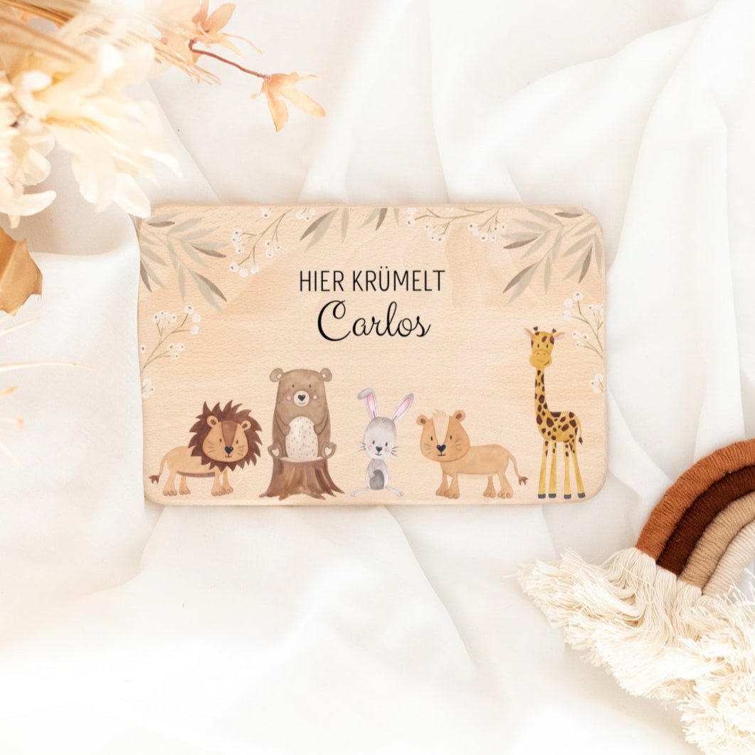 Frühstücksbrettchen personalisiert - Tiere Zweige beige Aquarell - wunderwunsch