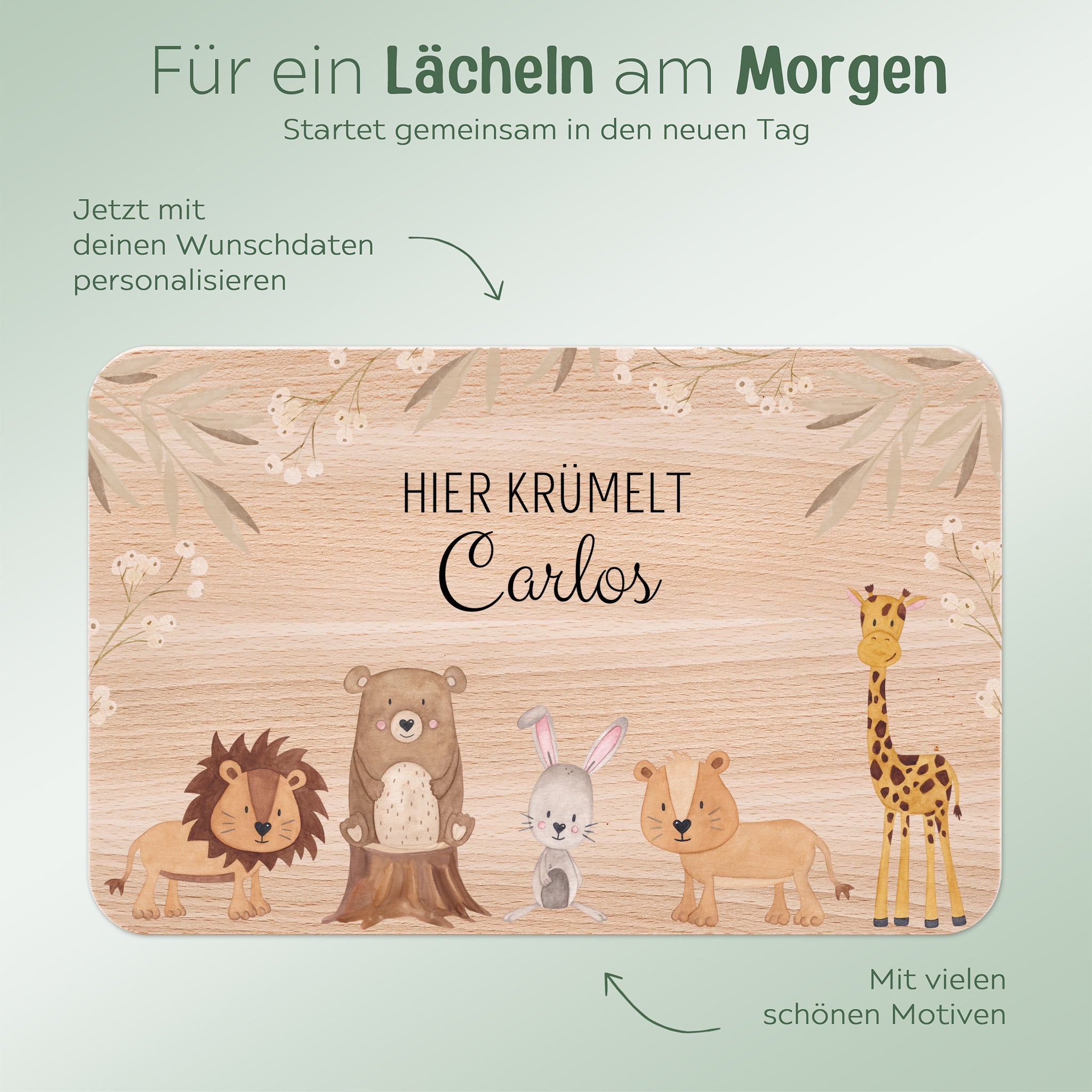 Frühstücksbrettchen personalisiert - Tiere Zweige beige Aquarell - wunderwunsch